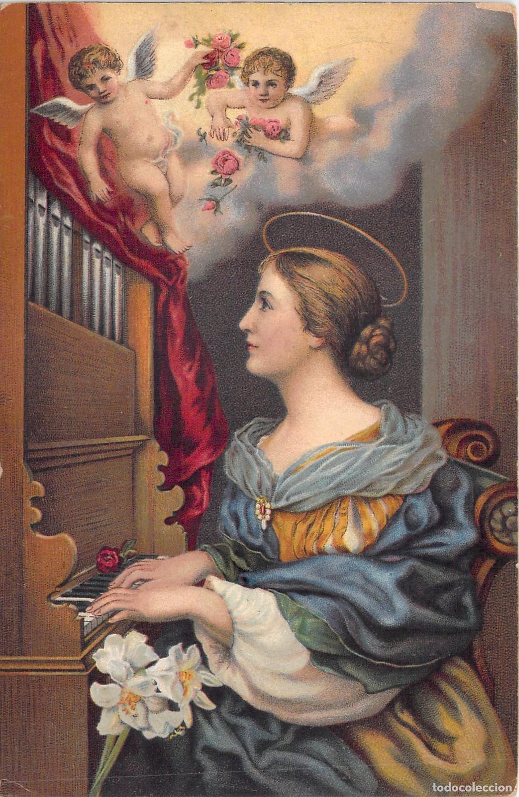 Postales: Postal de Santa Cecilia tocando el &oacute;rgano seg&uacute;n Carlo Dolci