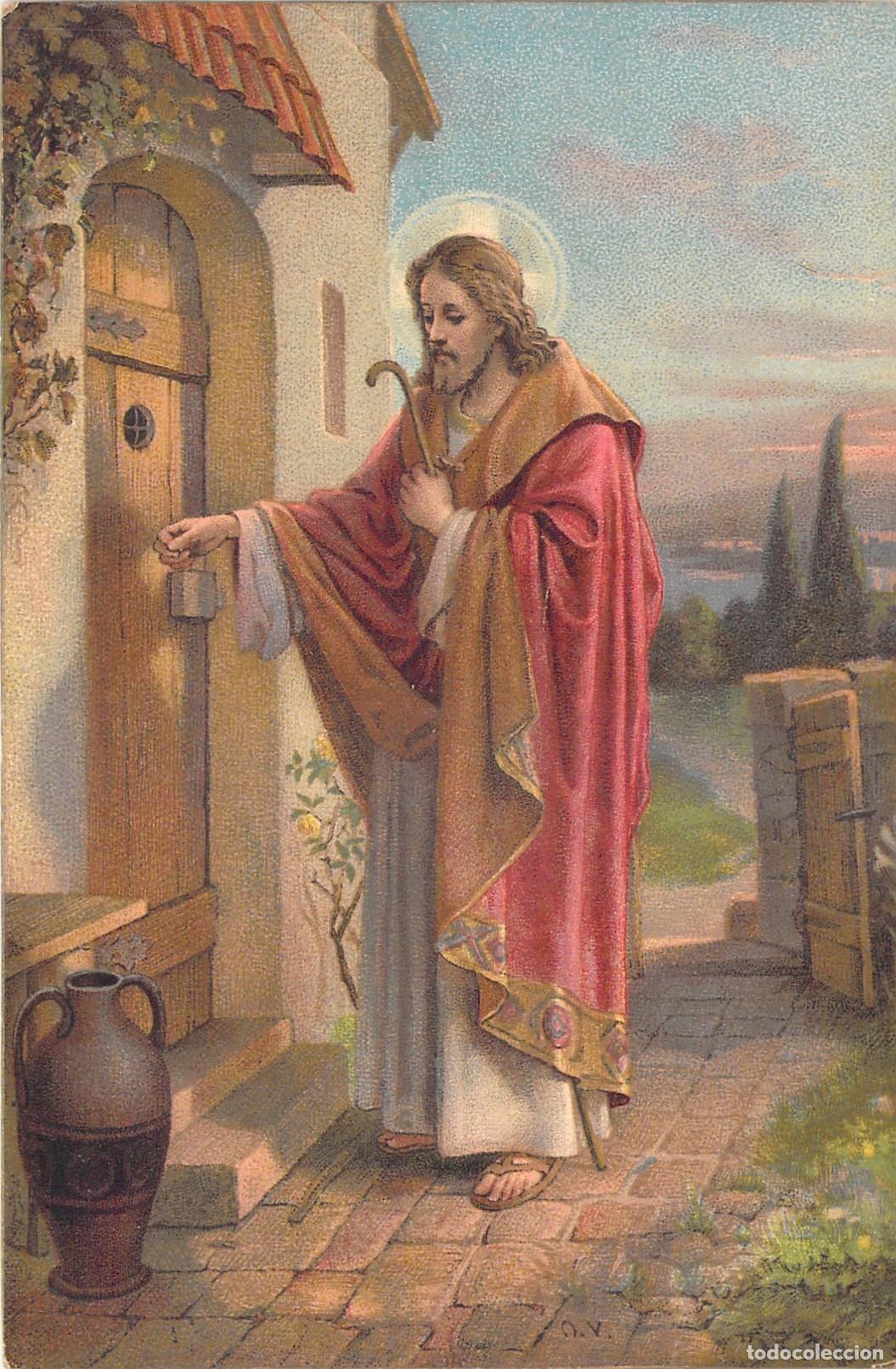 Cartoline: Postal Religiosa Jes&uacute;s Llamando a la Puerta Ilustraci&oacute;n de O. Voelkel