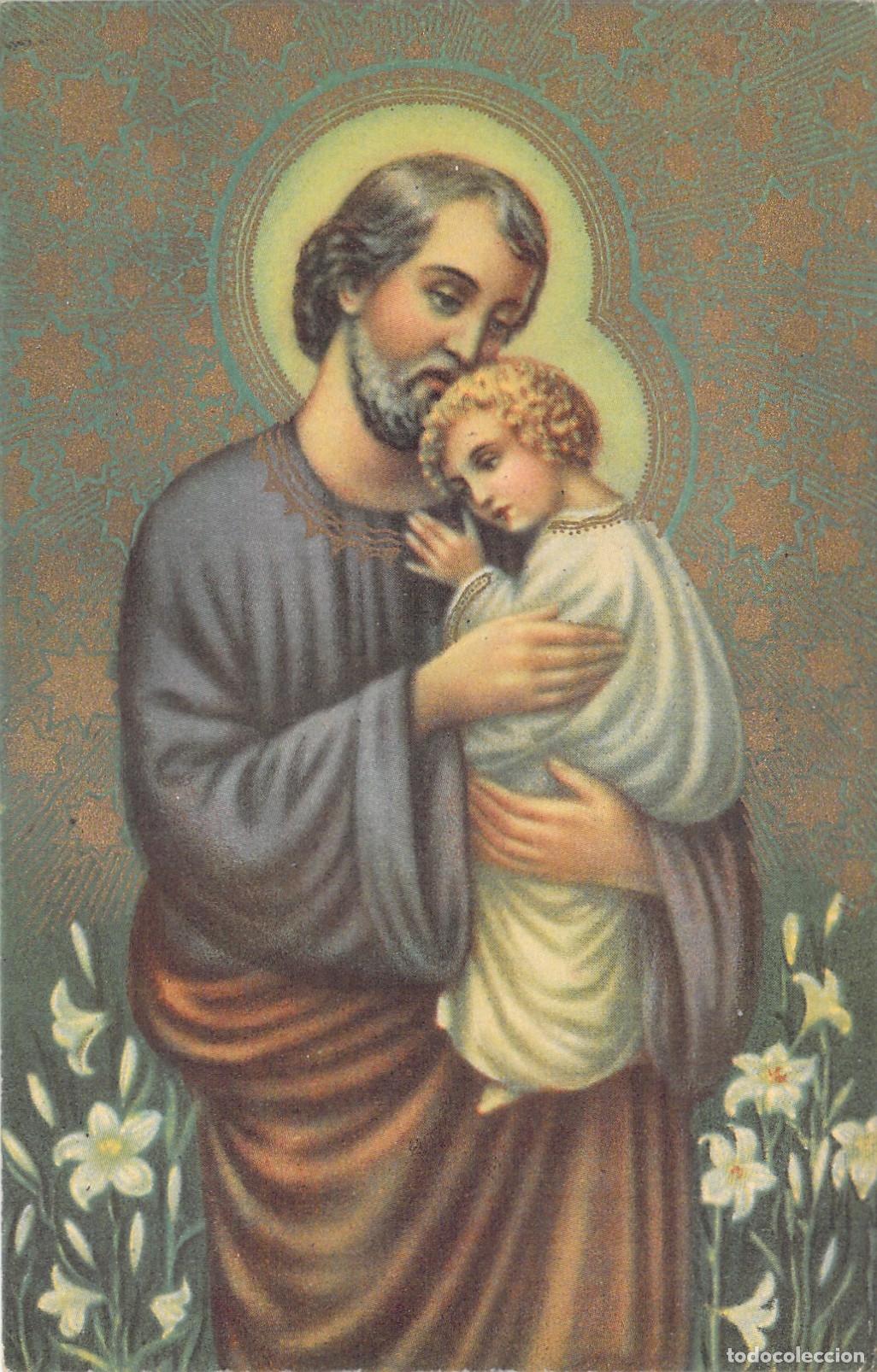 Cartoline: Postal Religiosa de San Jos&eacute; con el Ni&ntilde;o Jes&uacute;s y Lirios