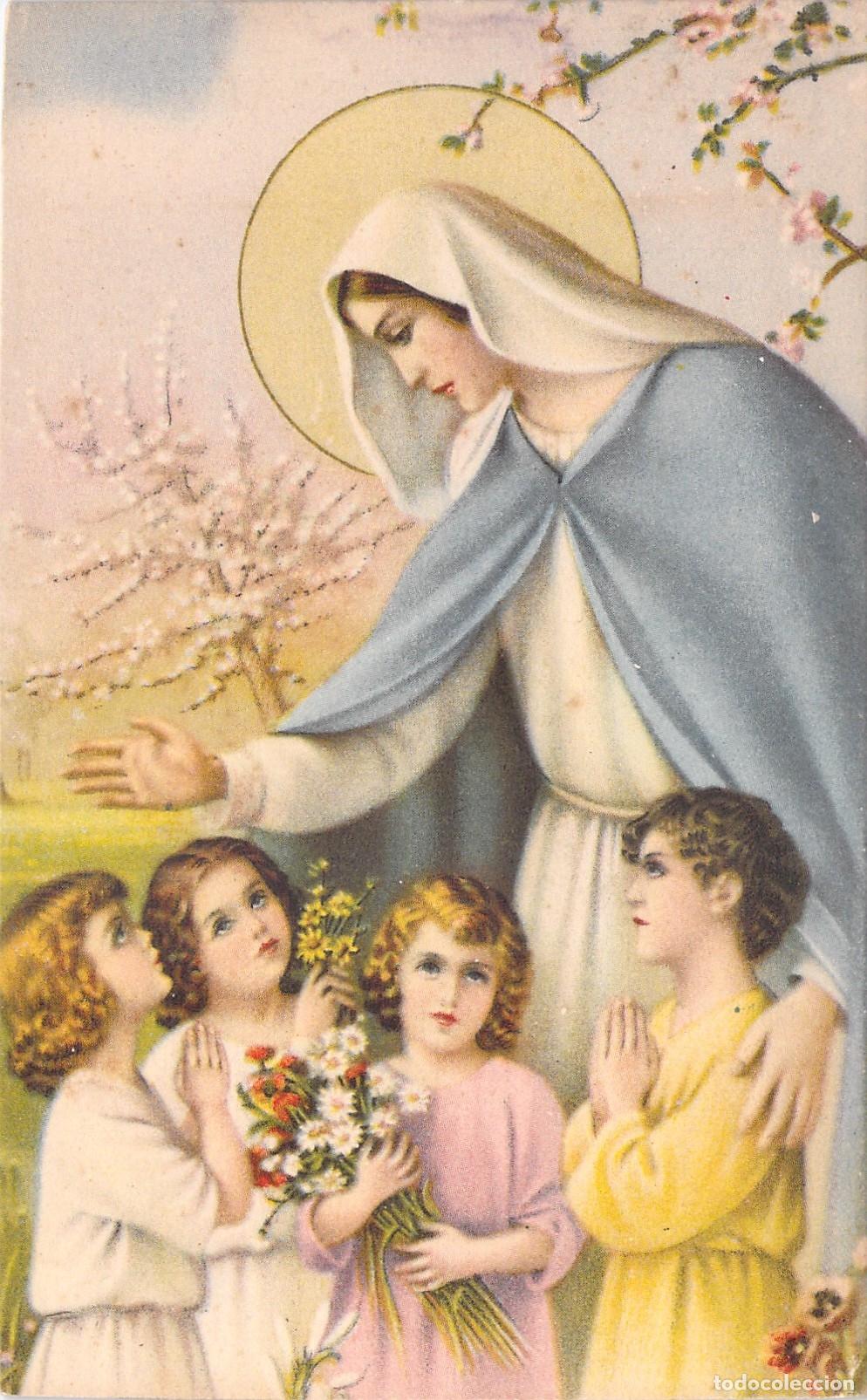 Postkarten: Postal Religiosa de la Virgen Mar&iacute;a con Ni&ntilde;os y Flores