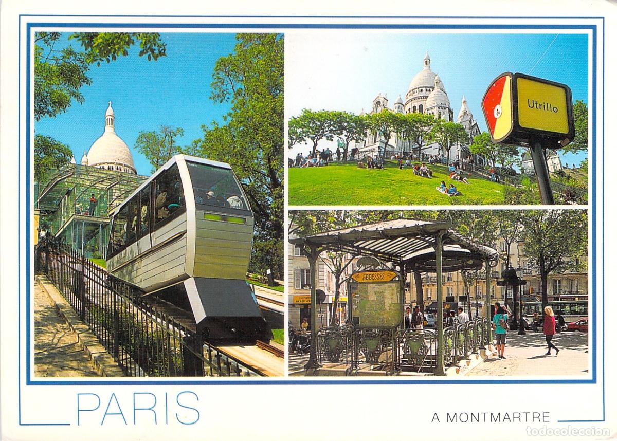 Postales: Postal de Par&iacute;s Montmartre: Funicular, Sacr&eacute;-C&oelig;ur y Plaza de Abbesses