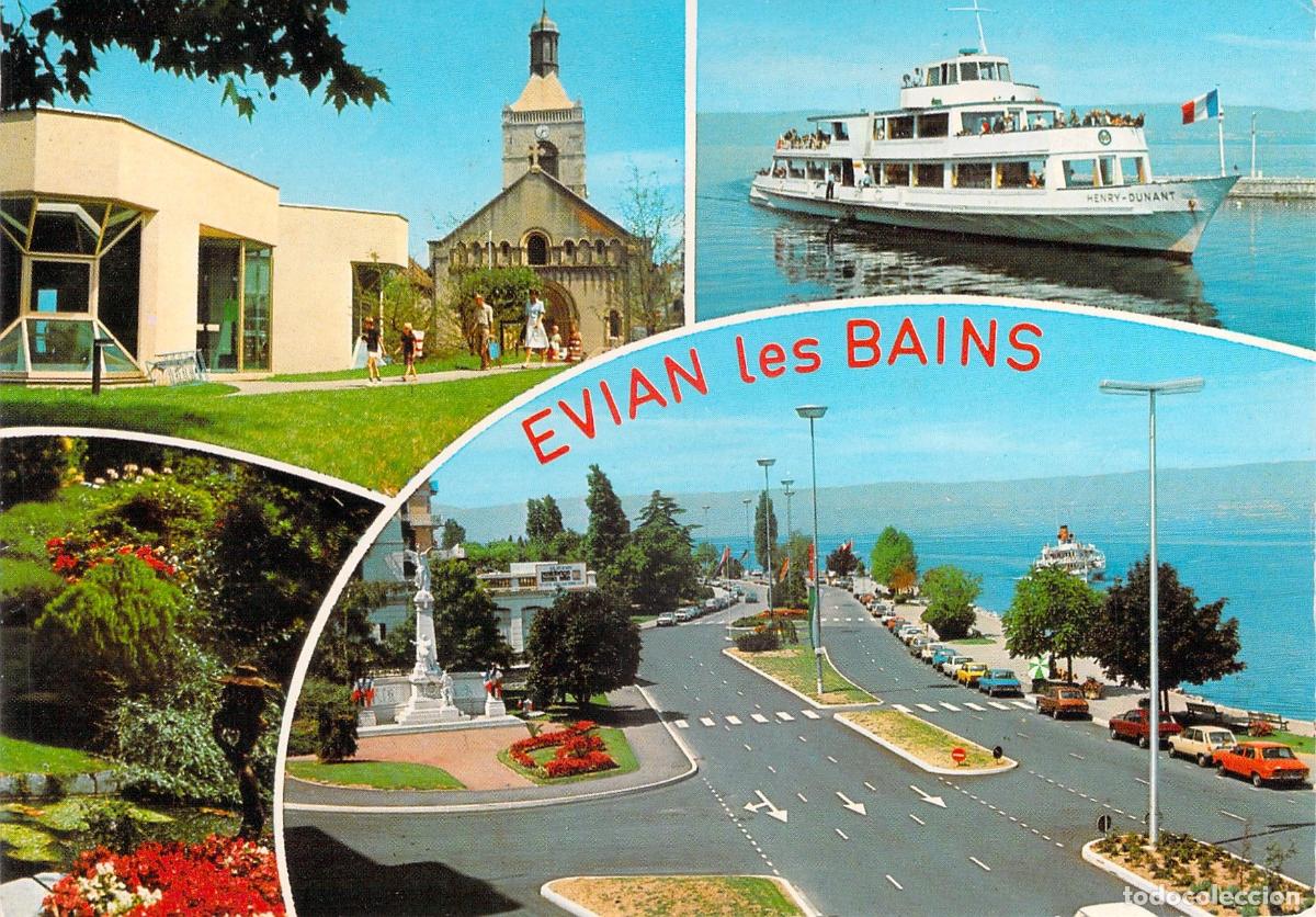 Postkarten: Postal de Evian-les-Bains con vistas m&uacute;ltiples del Lago Lem&aacute;n