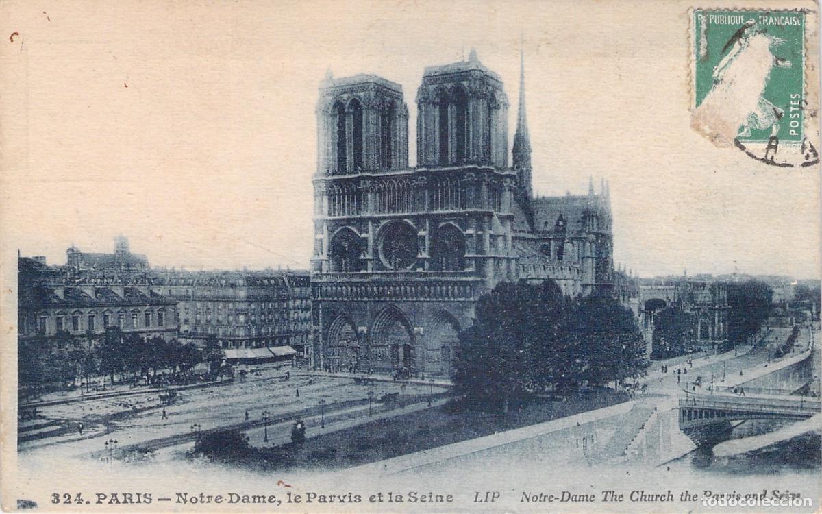 Postales: Postal de Par&iacute;s Notre-Dame, el Parvis y el R&iacute;o Sena