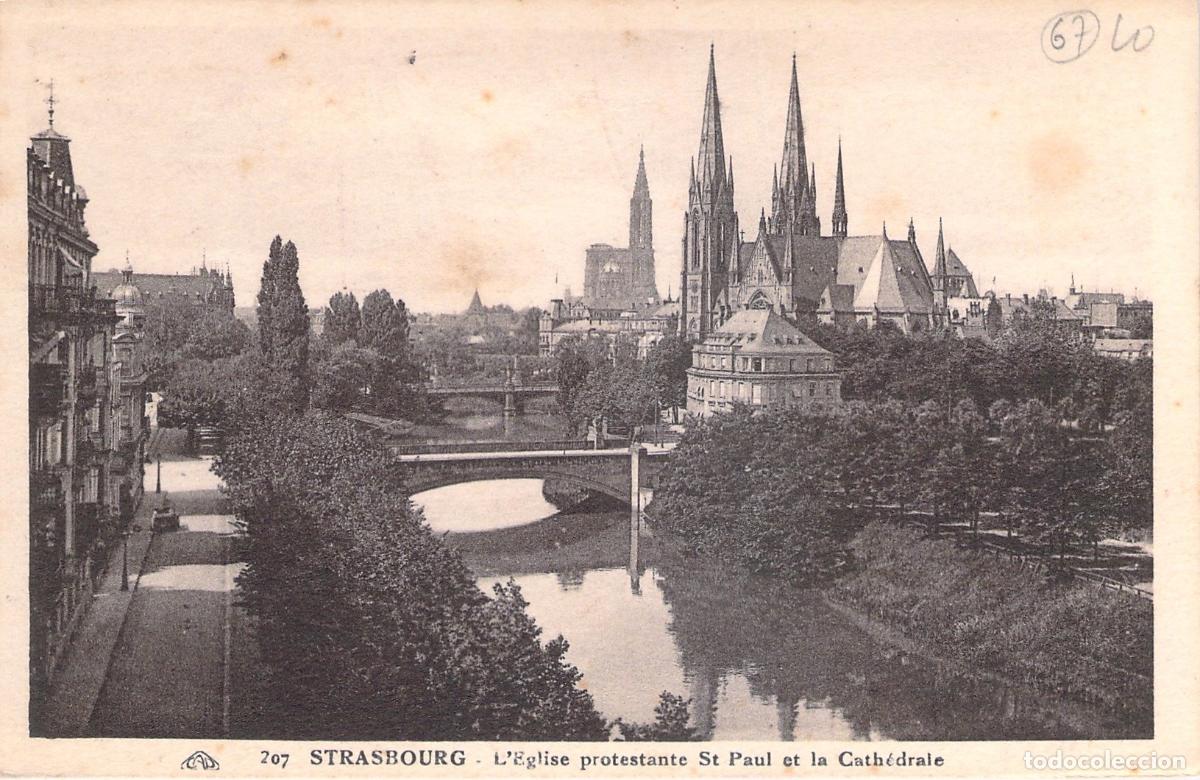 Postales: Postal de Estrasburgo Iglesia de San Pablo y Catedral sobre el R&iacute;o Ill