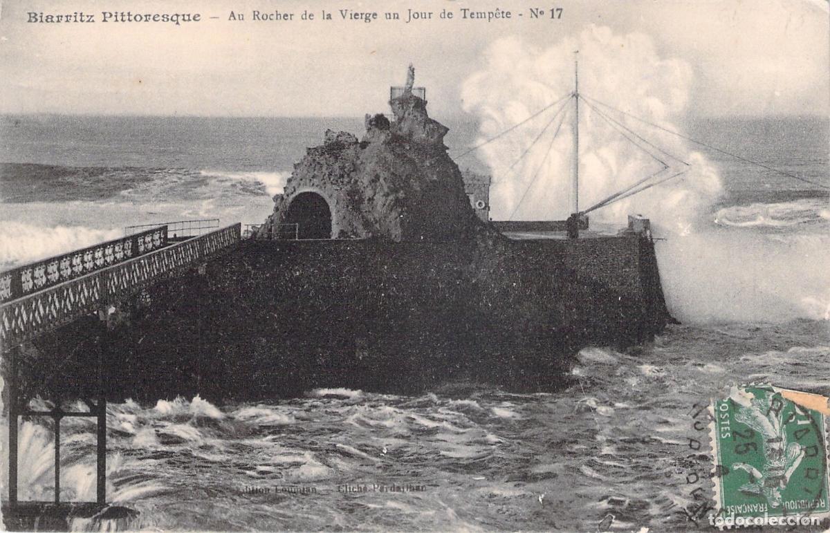 Postales: Postal de Biarritz: Rocher de la Vierge en un D&iacute;a de Tormenta