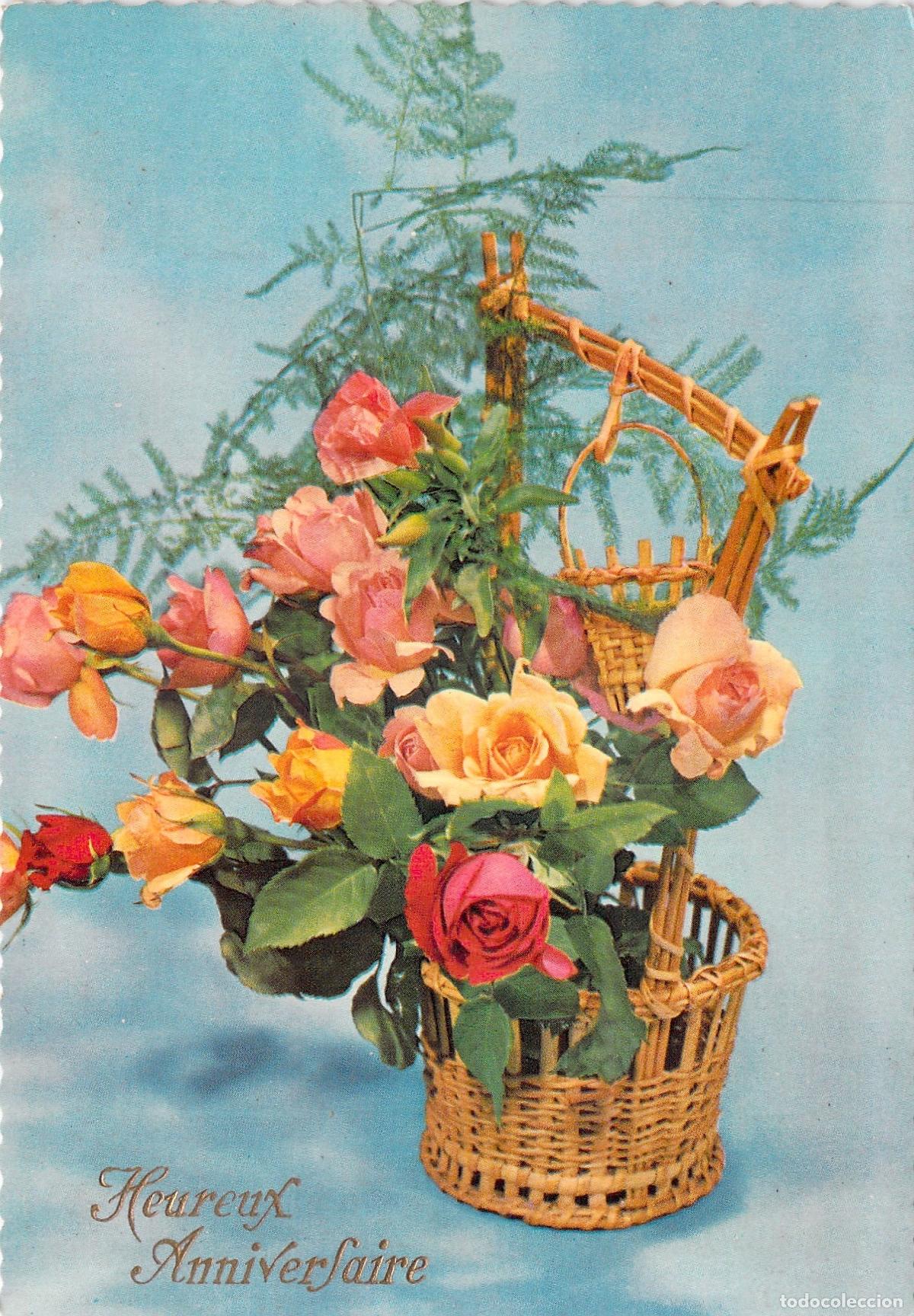 Postales: Postal de Felicitaci&oacute;n Heureux Anniversaire con Cesta de Rosas