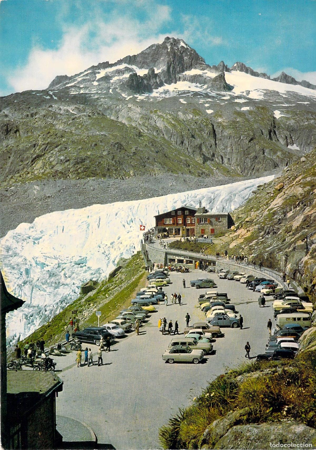 Postales: Postal del Hotel Belv&eacute;d&egrave;re y el Glaciar del R&oacute;dano en Suiza