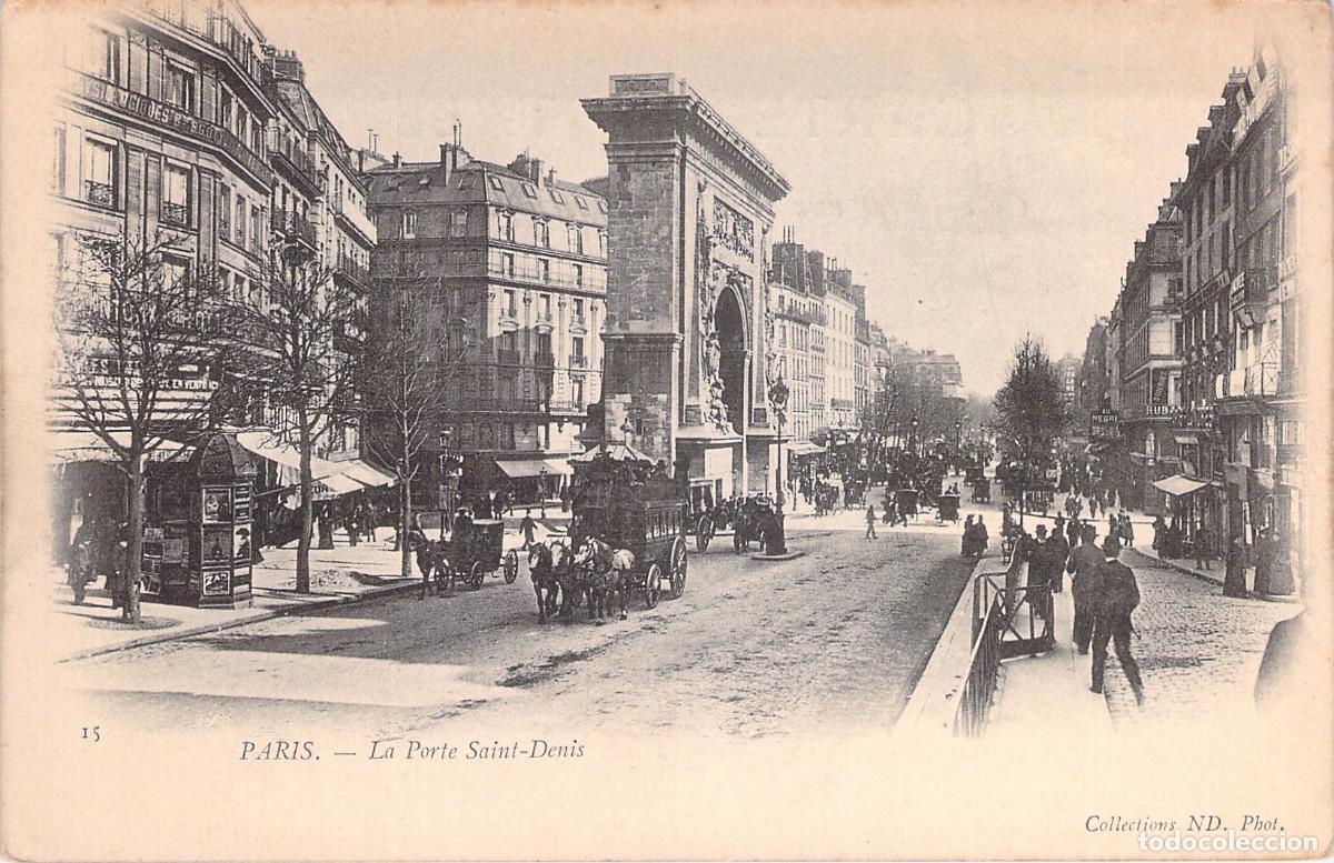 Cartoline: Postal de Par&iacute;s, Francia - Vista de la Porte Saint-Denis y Carruajes