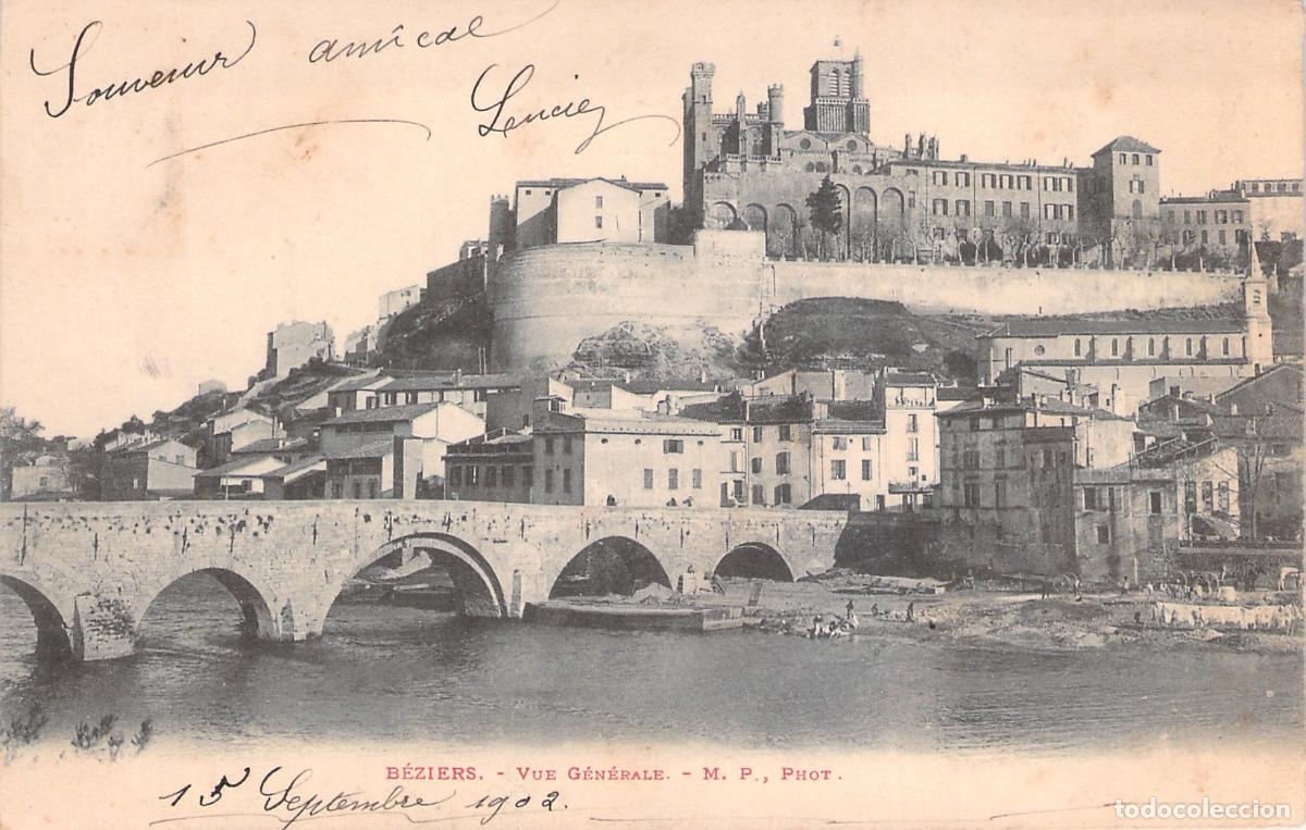 Postales: Tarjeta Postal de Vista General de B&eacute;ziers con Catedral y Puente Viejo