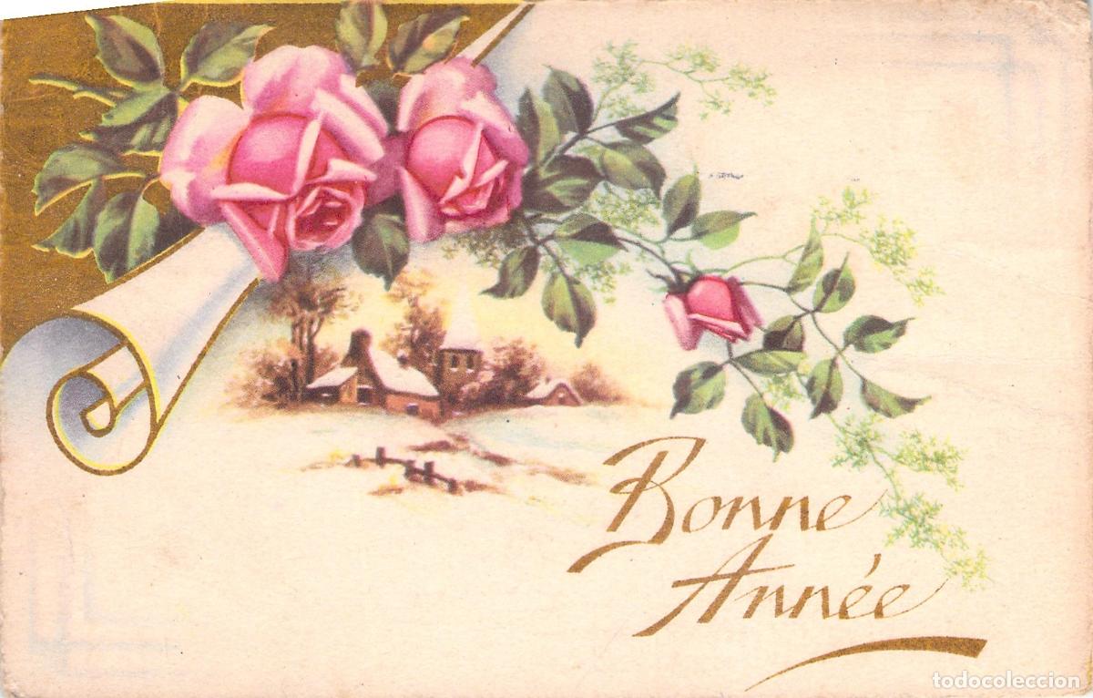 Postales: Postal de A&ntilde;o Nuevo Bonne Ann&eacute;e con Rosas Rosadas y Paisaje