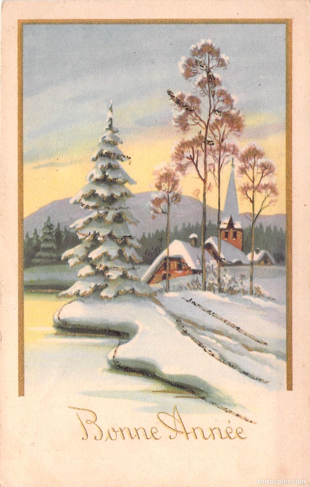 Postales: Postal de A&ntilde;o Nuevo Bonne Ann&eacute;e con Paisaje Invernal