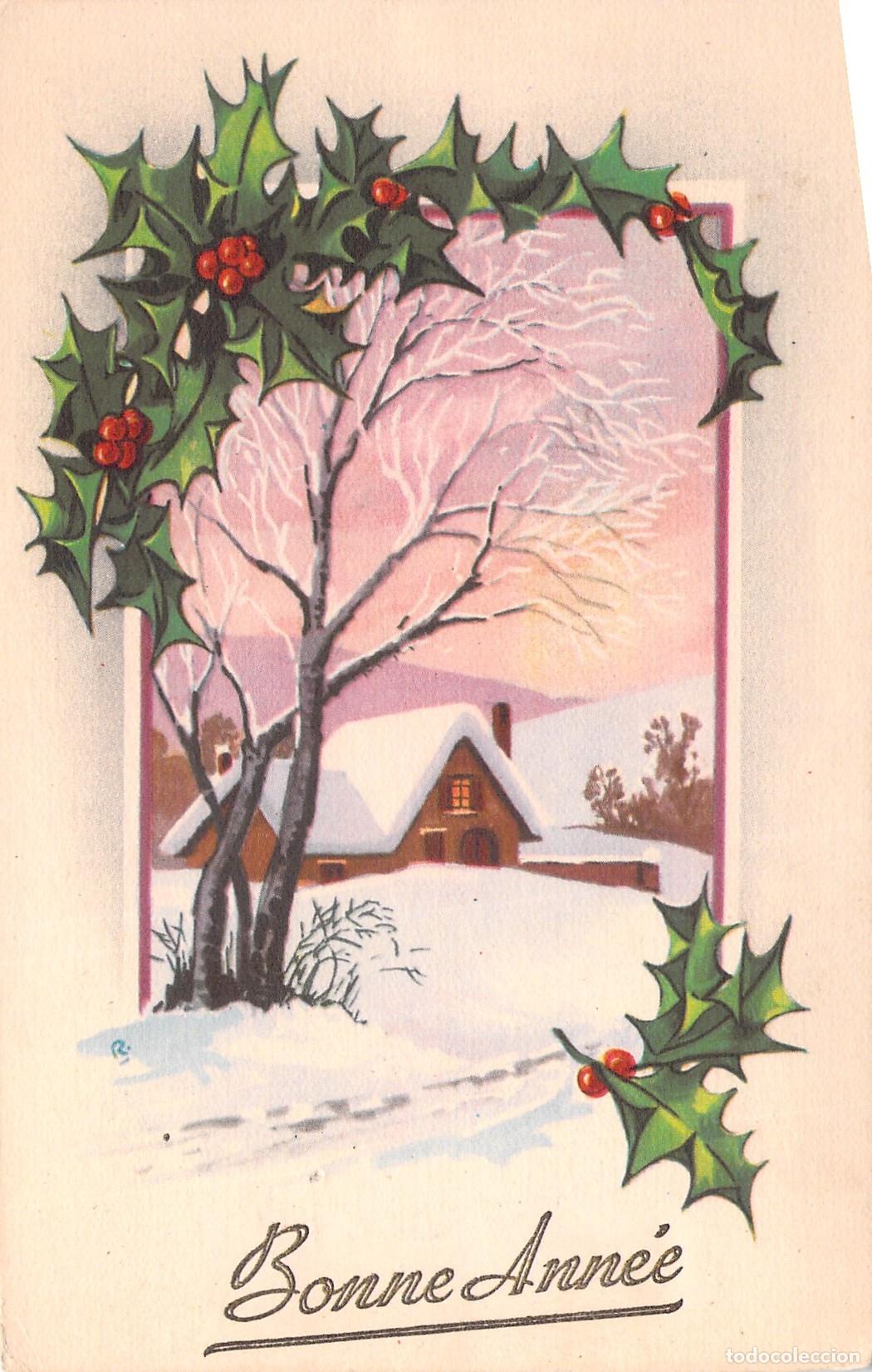 Postales: Postal de Felicitaci&oacute;n de A&ntilde;o Nuevo Bonne Ann&eacute;e con Paisaje Invernal