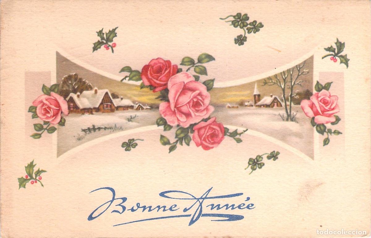 Postales: Postal de Felicitaci&oacute;n de A&ntilde;o Nuevo con Rosas y Paisaje Nevado