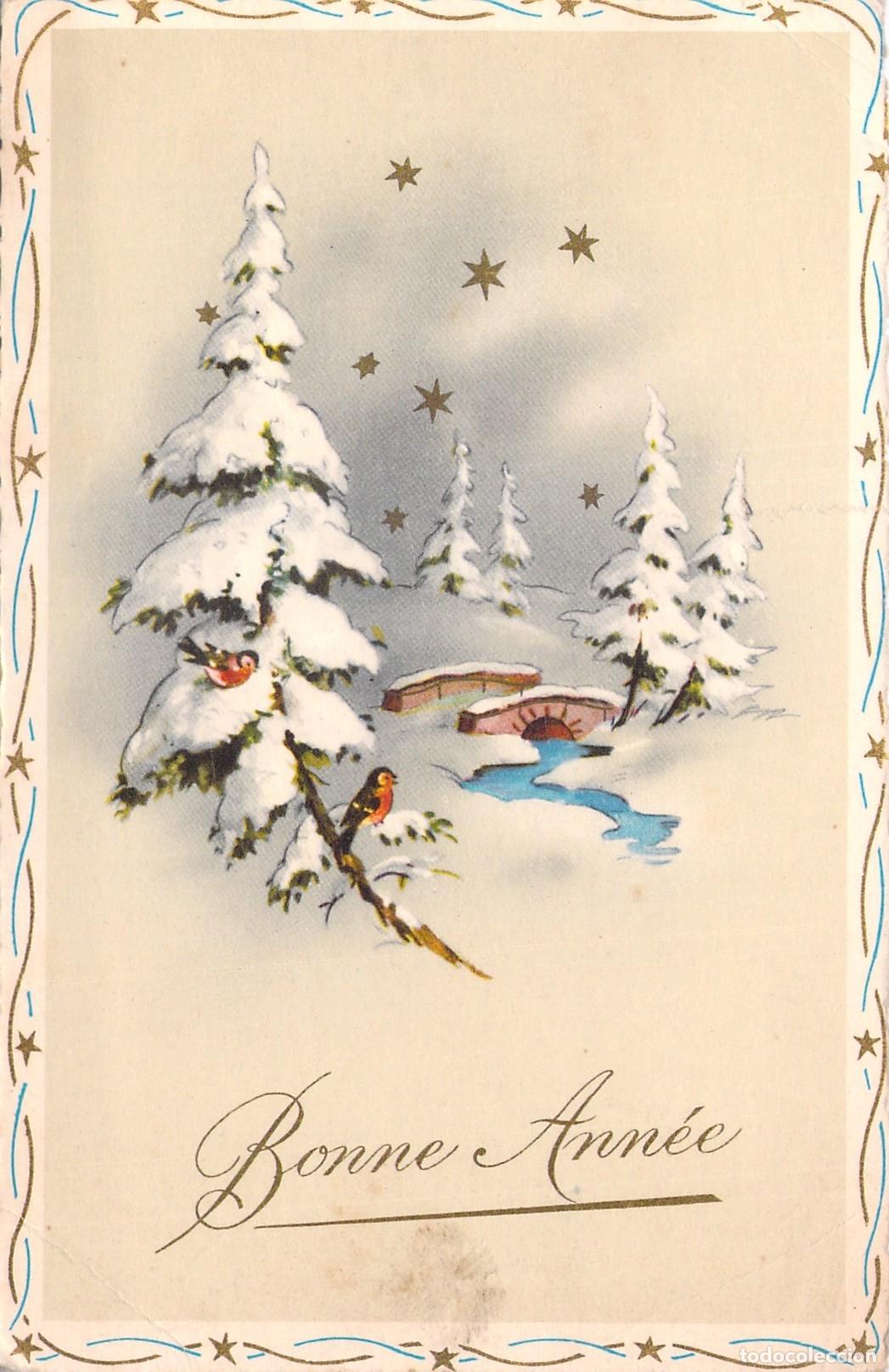 Postales: Postal de Felicitaci&oacute;n de A&ntilde;o Nuevo con Paisaje Invernal y P&aacute;jaros