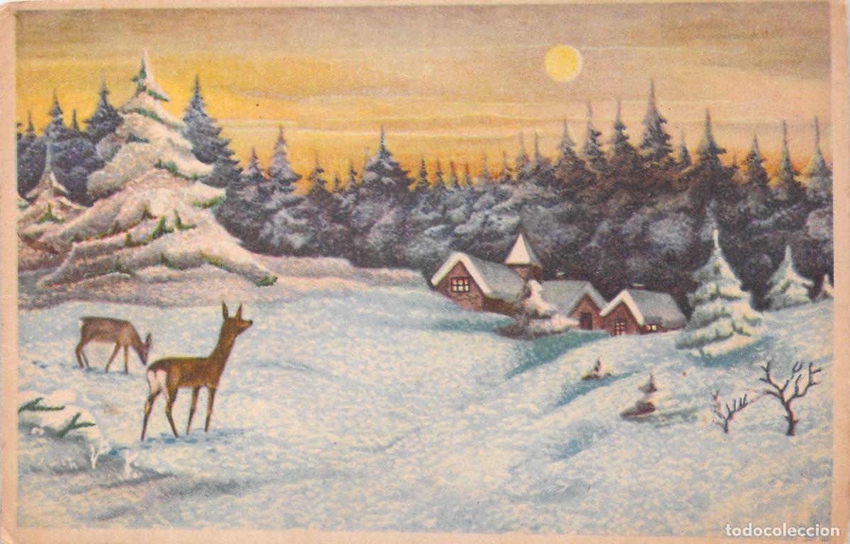 Postales: Postal de Paisaje Invernal con Ciervos y Casas Nevadas bajo la Luna