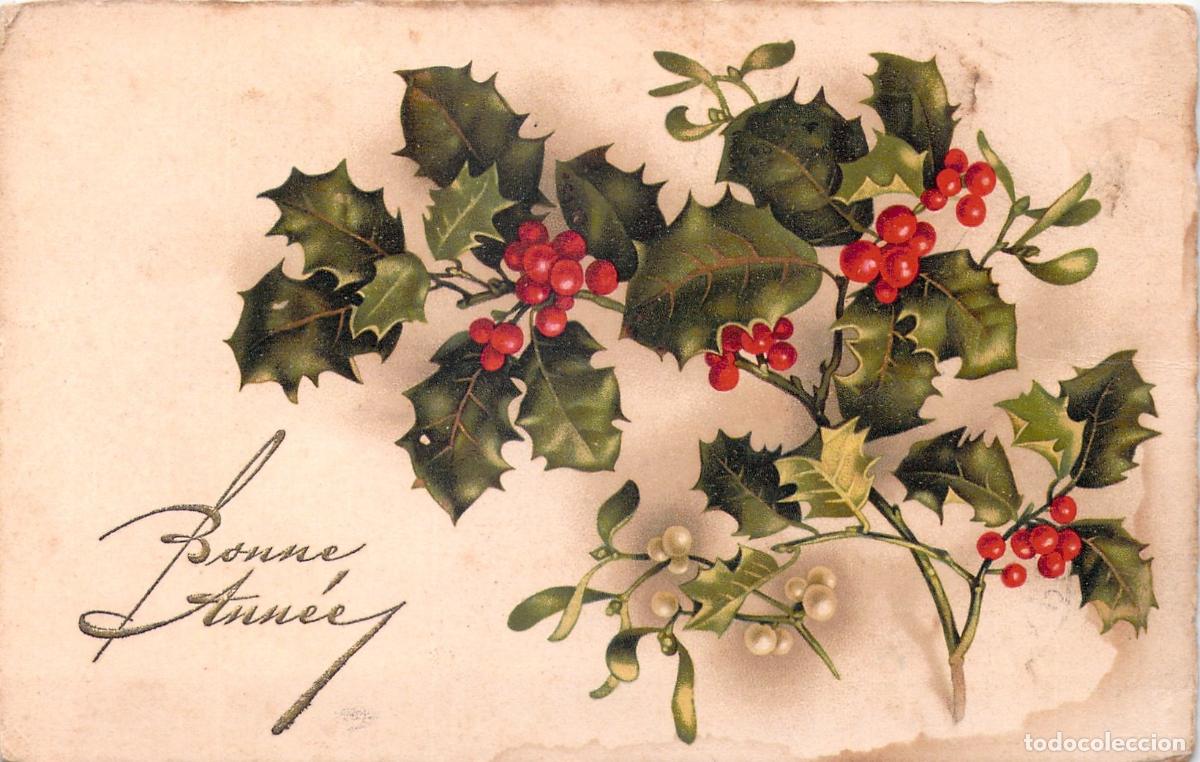 Postales: Postal de A&ntilde;o Nuevo Bonne Ann&eacute;e con Acebo y Mu&eacute;rdago
