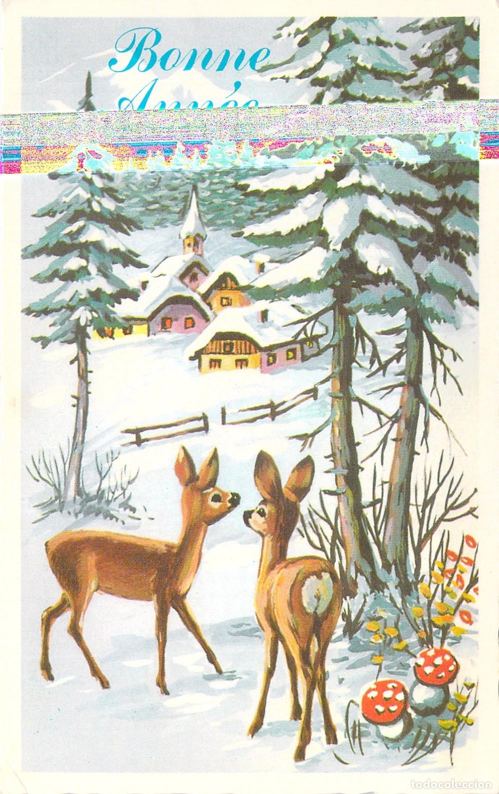 Postales: Postal de A&ntilde;o Nuevo con Ilustraci&oacute;n de Ciervos en Paisaje Nevado