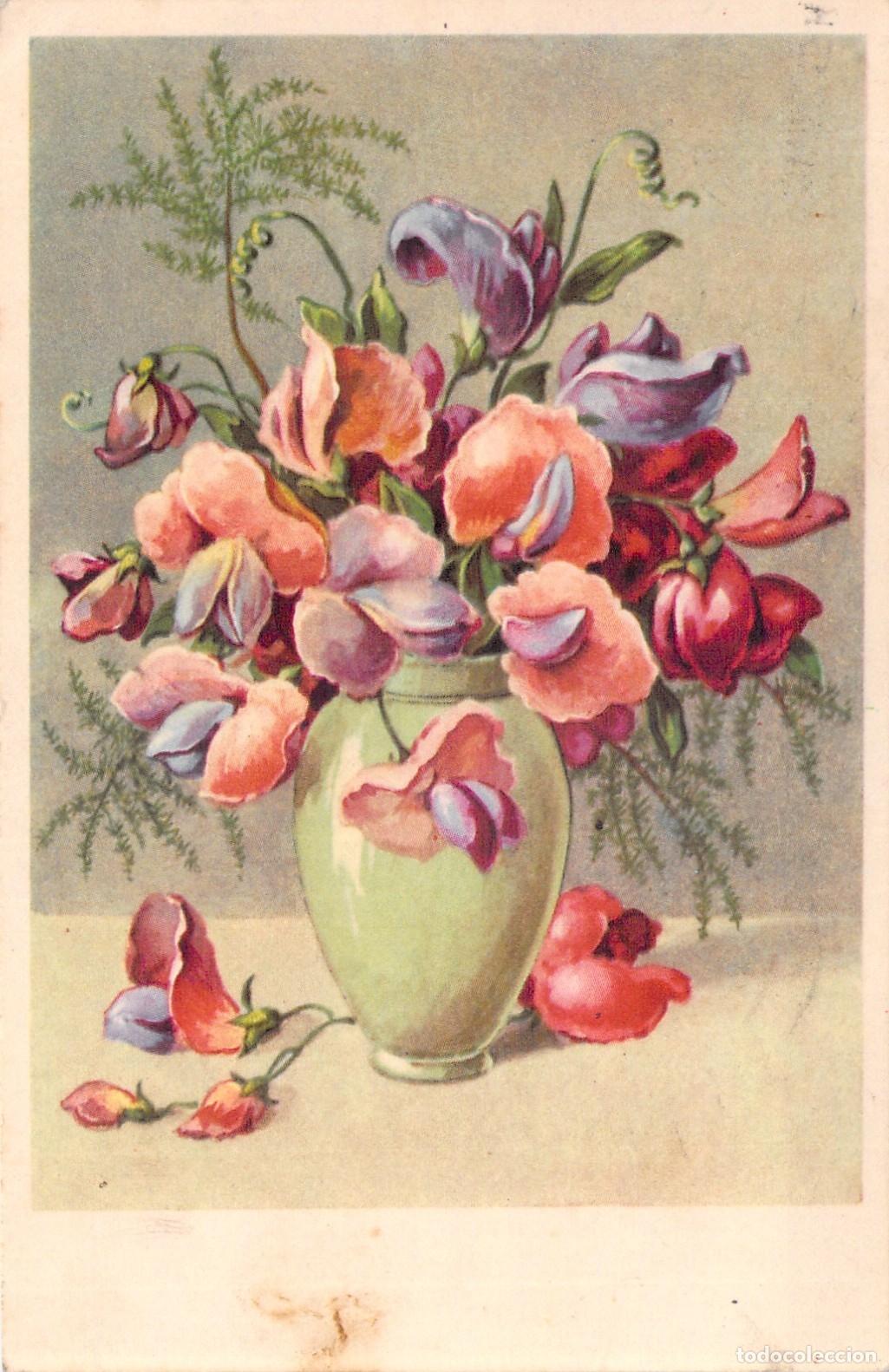 Postales: Postal de Ilustraci&oacute;n con Ramillete de Flores en Jarr&oacute;n