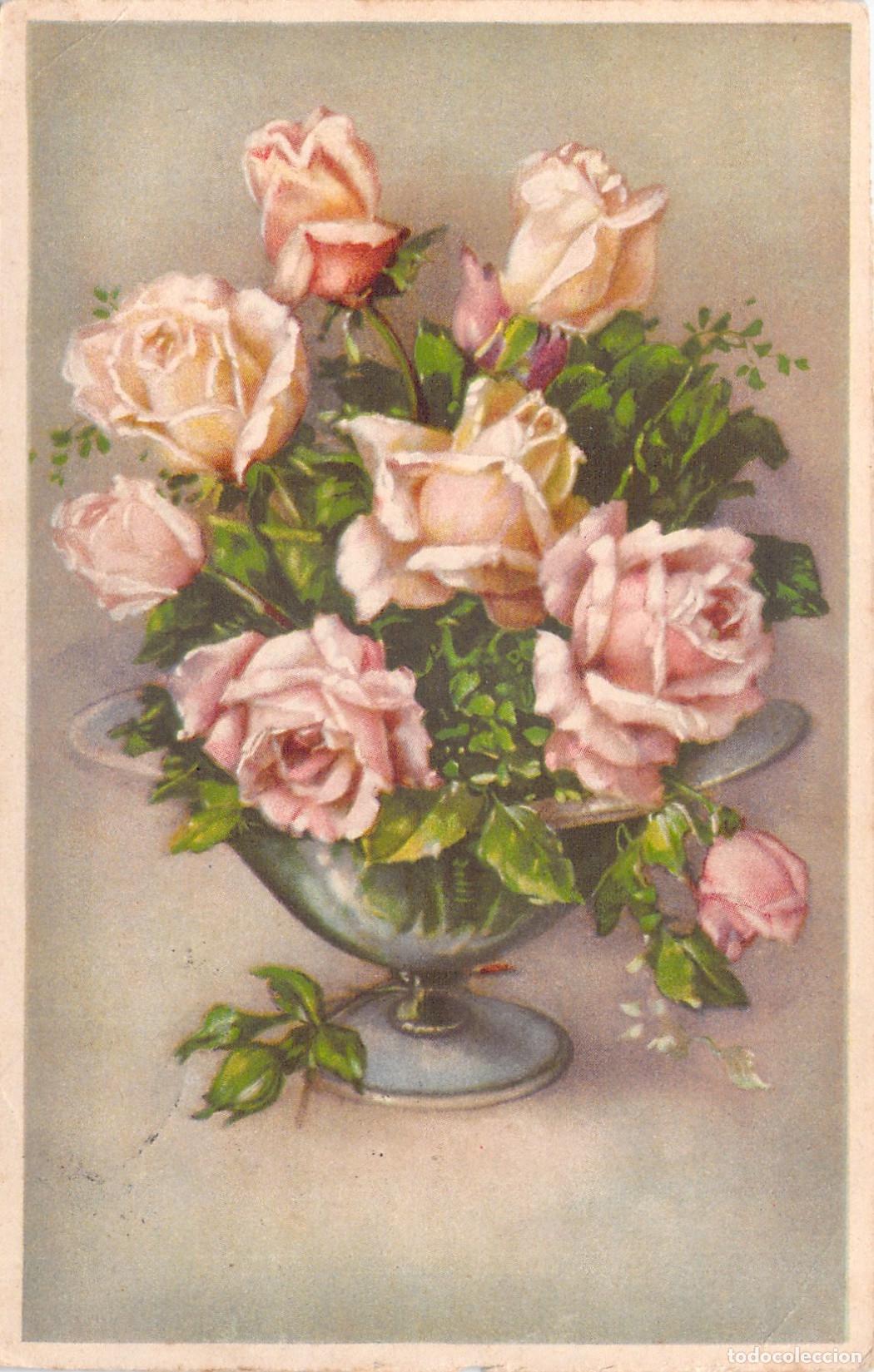Postales: Postal Art&iacute;stica de Rosas en Jarr&oacute;n de Plata