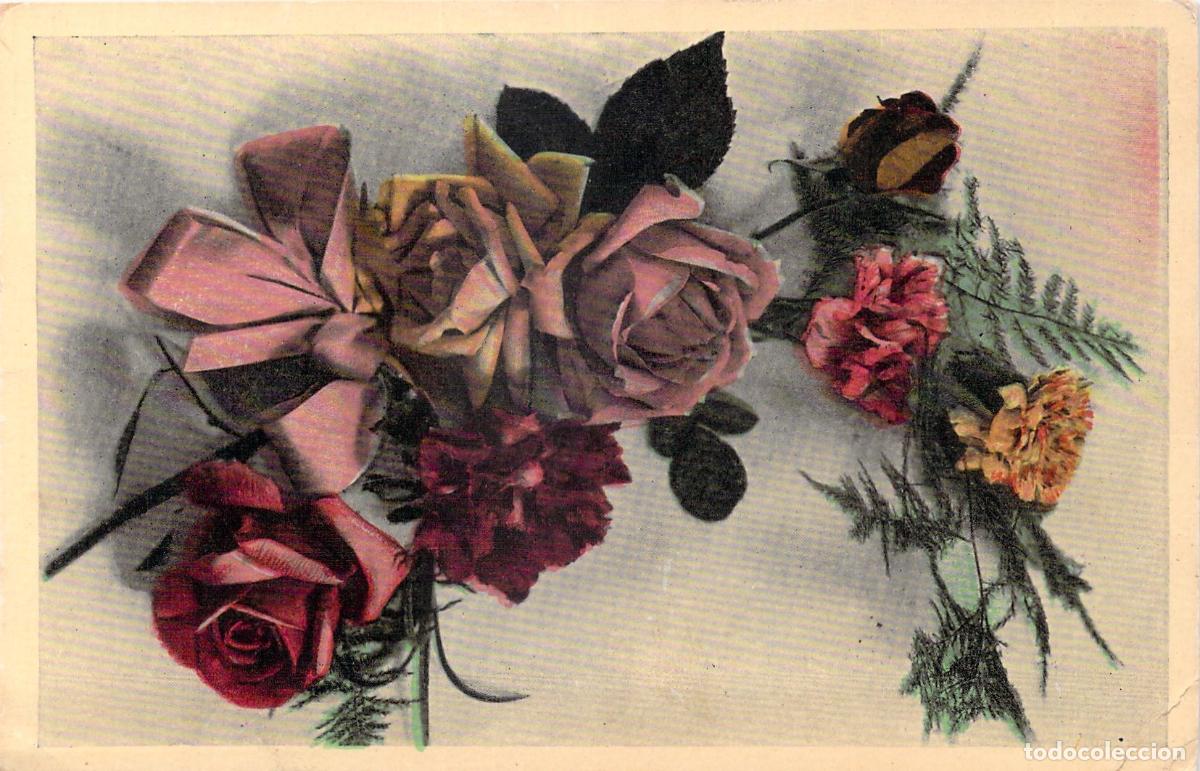 Postales: Postal Francesa con Ramo de Rosas, Claveles y Lazo Rosa