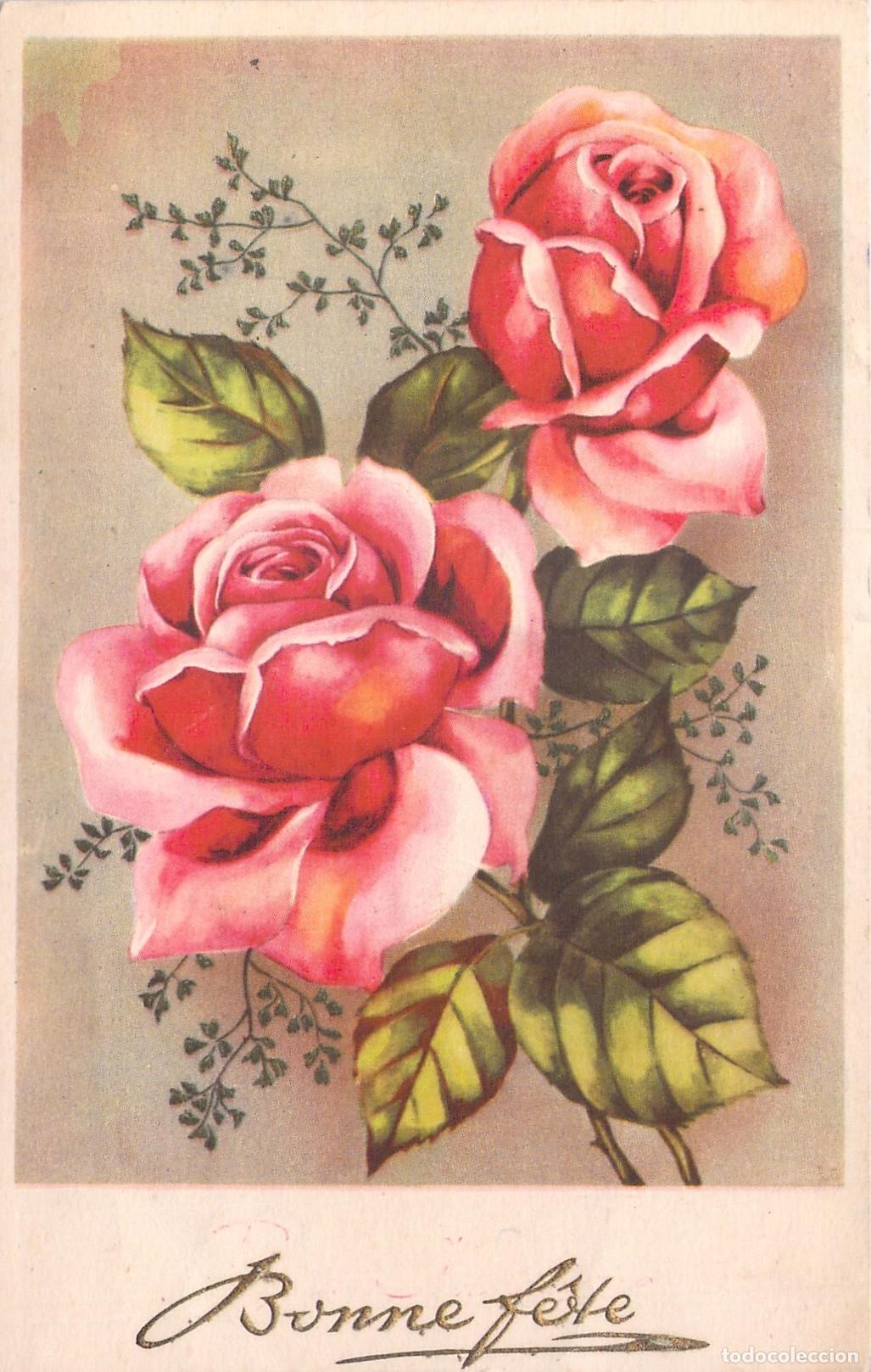 Postales: Postal Ilustrada de Rosas con Felicitaci&oacute;n Bonne F&ecirc;te