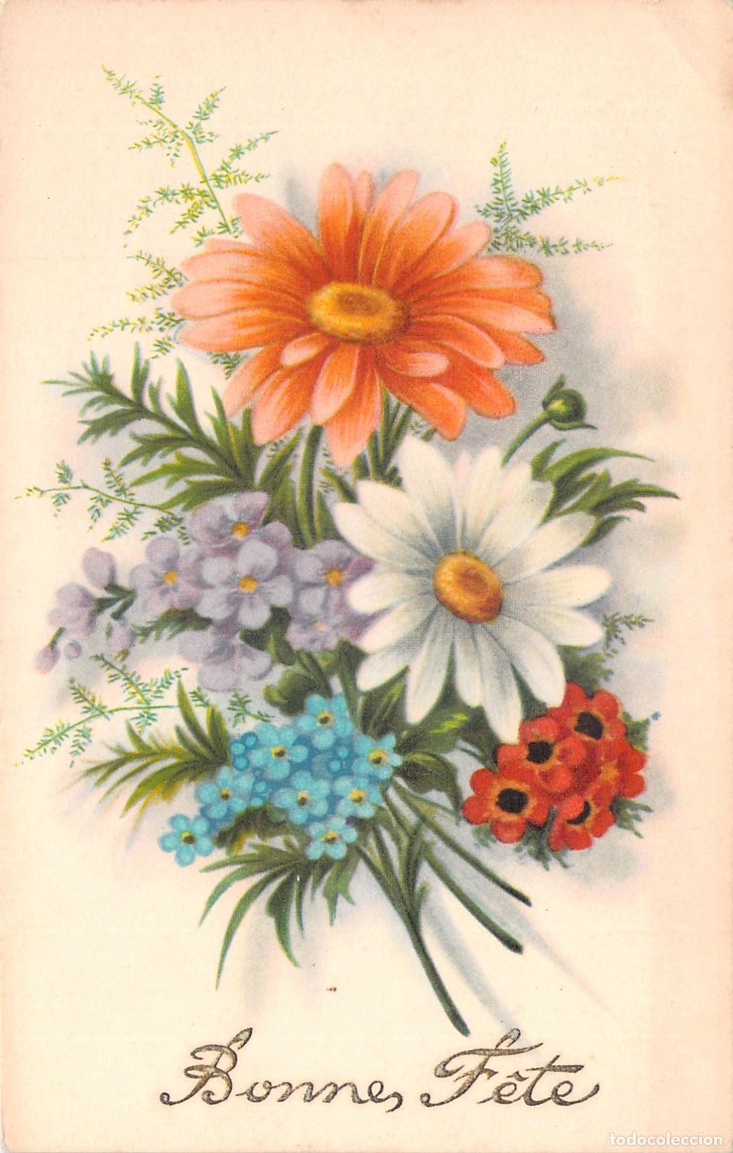 Postales: Postal de Felicitaci&oacute;n Bonne F&ecirc;te con Hermoso Ramo de Flores