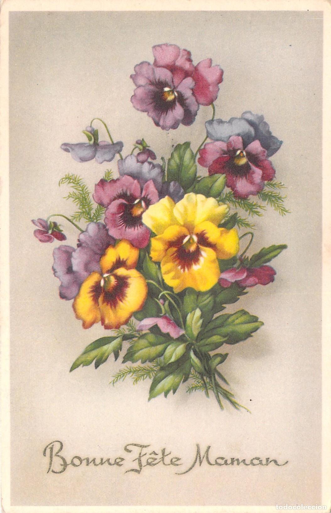 Postcards: Postal Ilustrada con Flores de Pensamiento Bonne F&ecirc;te Maman