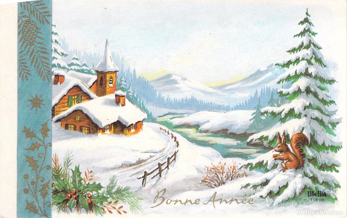 Postcards: Postal de A&ntilde;o Nuevo con Paisaje Invernal y Ardilla Bonne Ann&eacute;e