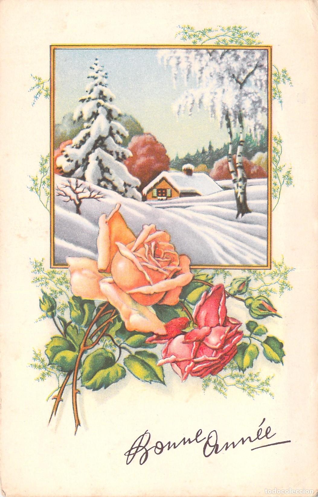 Postcards: Postal de A&ntilde;o Nuevo Bonne Ann&eacute;e con Rosas y Paisaje Nevado