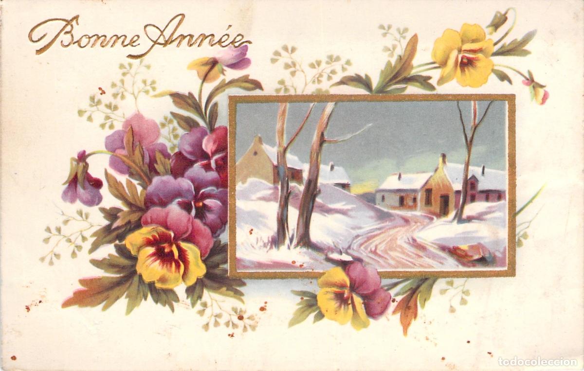 Postkarten: Postal Francesa de A&ntilde;o Nuevo con Flores y Paisaje de Nieve