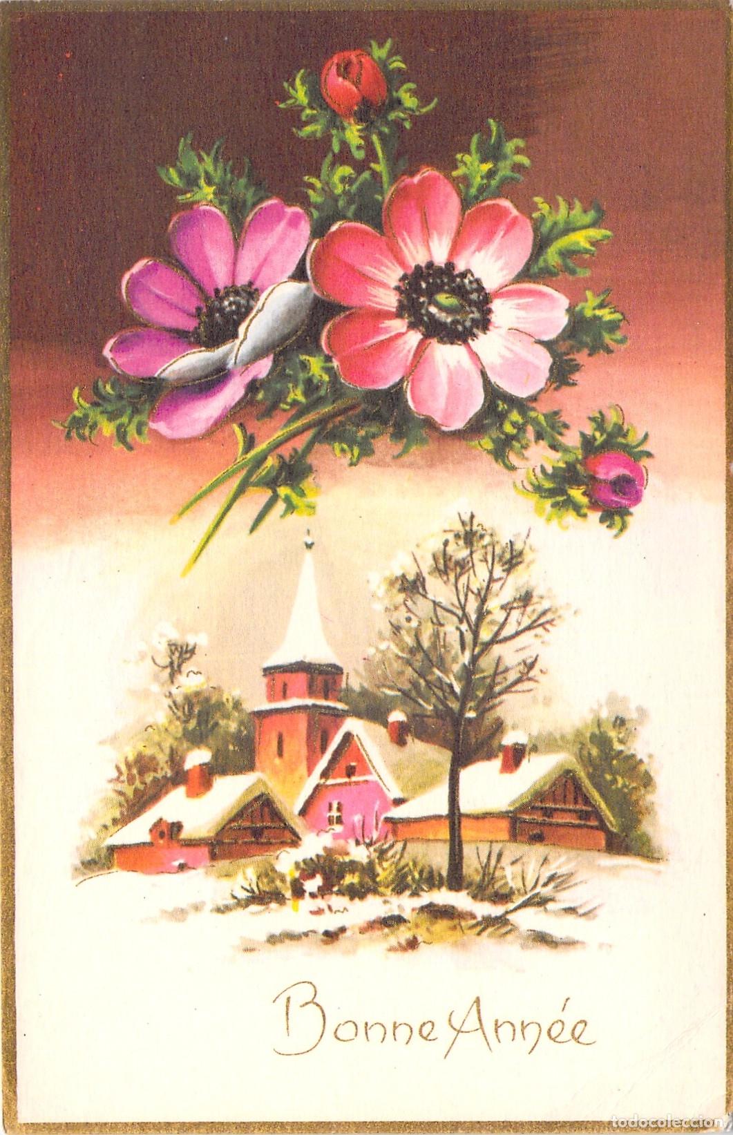 Postkarten: Postal de A&ntilde;o Nuevo Bonne Ann&eacute;e con Flores y Paisaje Nevado