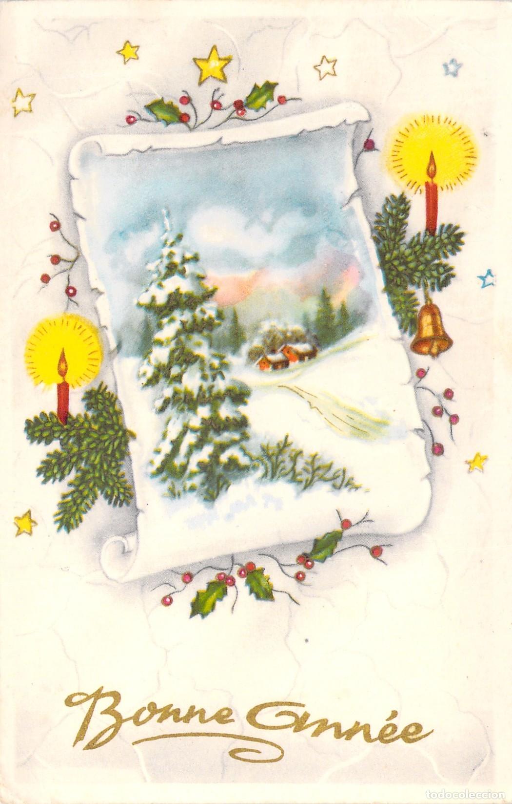 Postkarten: Postal Belga de A&ntilde;o Nuevo Bonne Ann&eacute;e con Paisaje Invernal y Velas