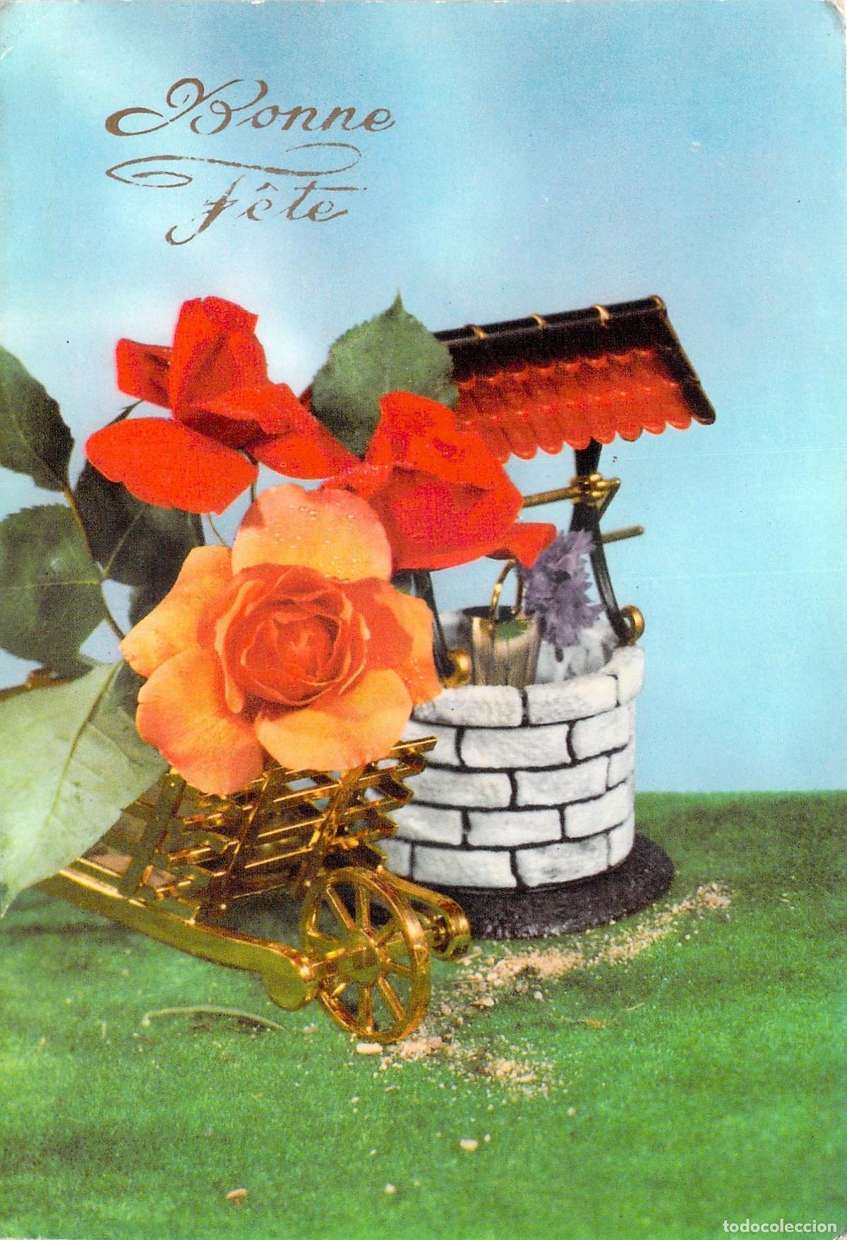 Postkarten: Postal de Felicitaci&oacute;n Bonne F&ecirc;te con Rosas y Pozo en Miniatura
