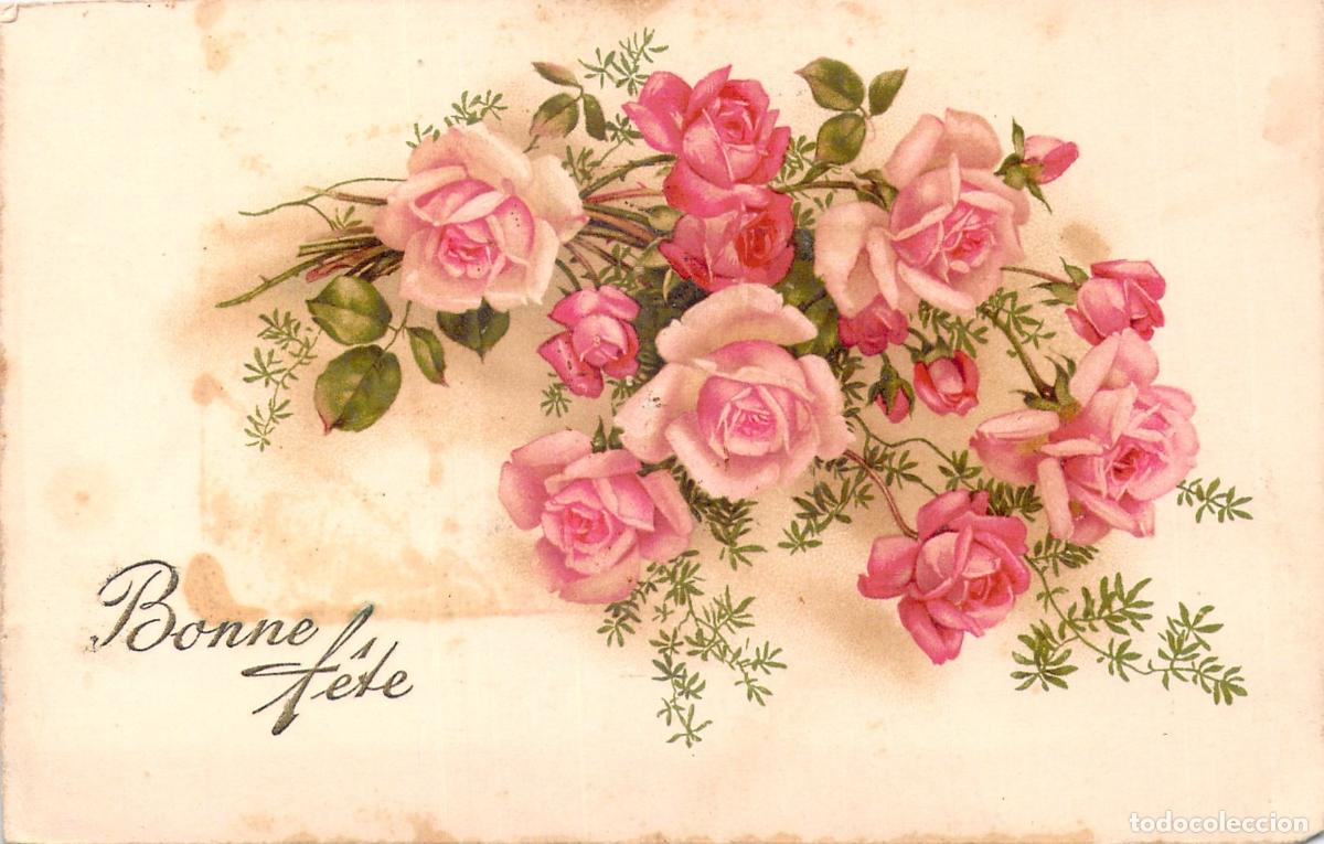 Postkarten: Tarjeta Postal de Felicitaci&oacute;n Bonne F&ecirc;te con Rosas
