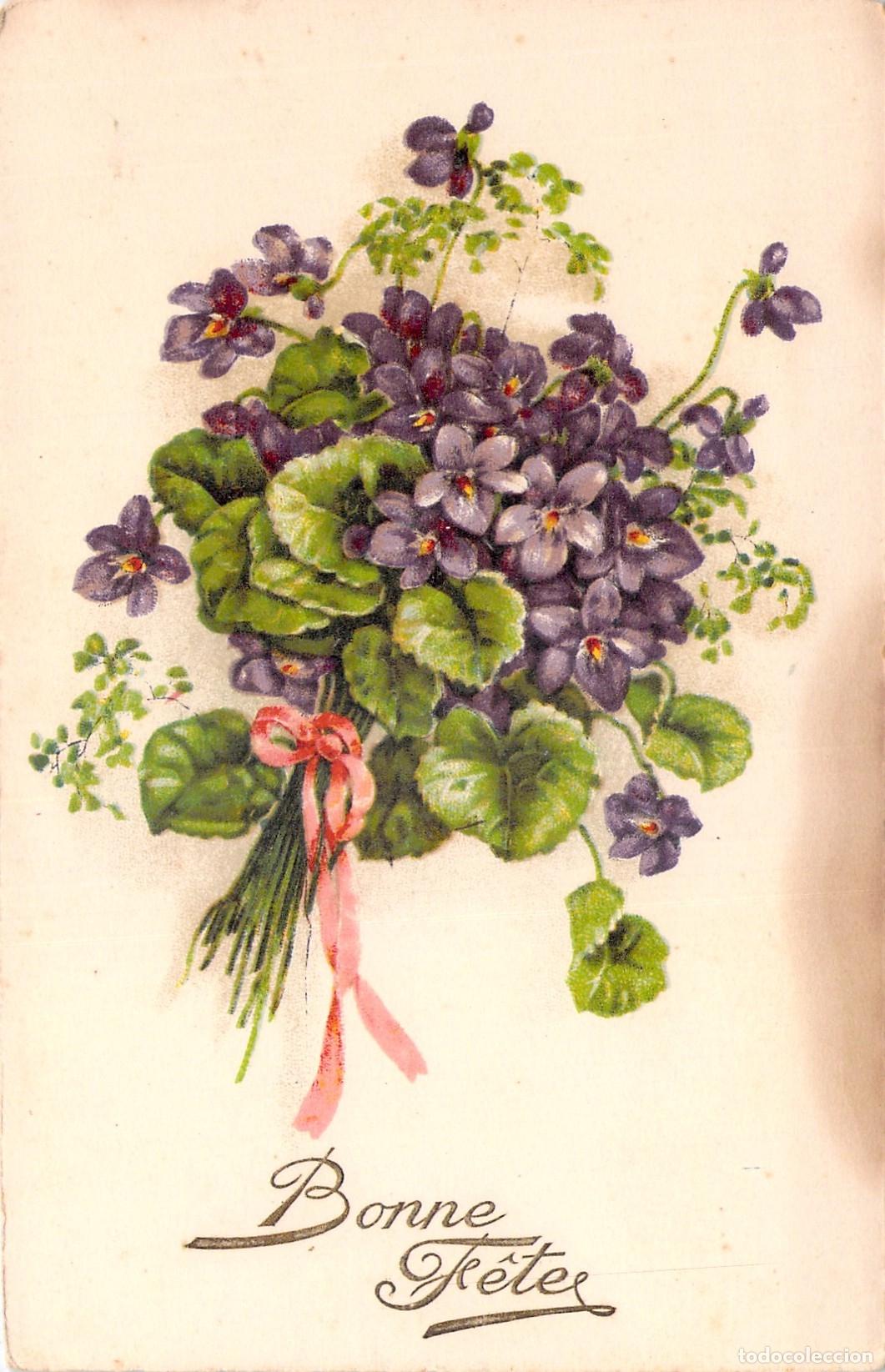 Postkarten: Postal de Felicitaci&oacute;n Bonne F&ecirc;tes con Ramo de Violetas