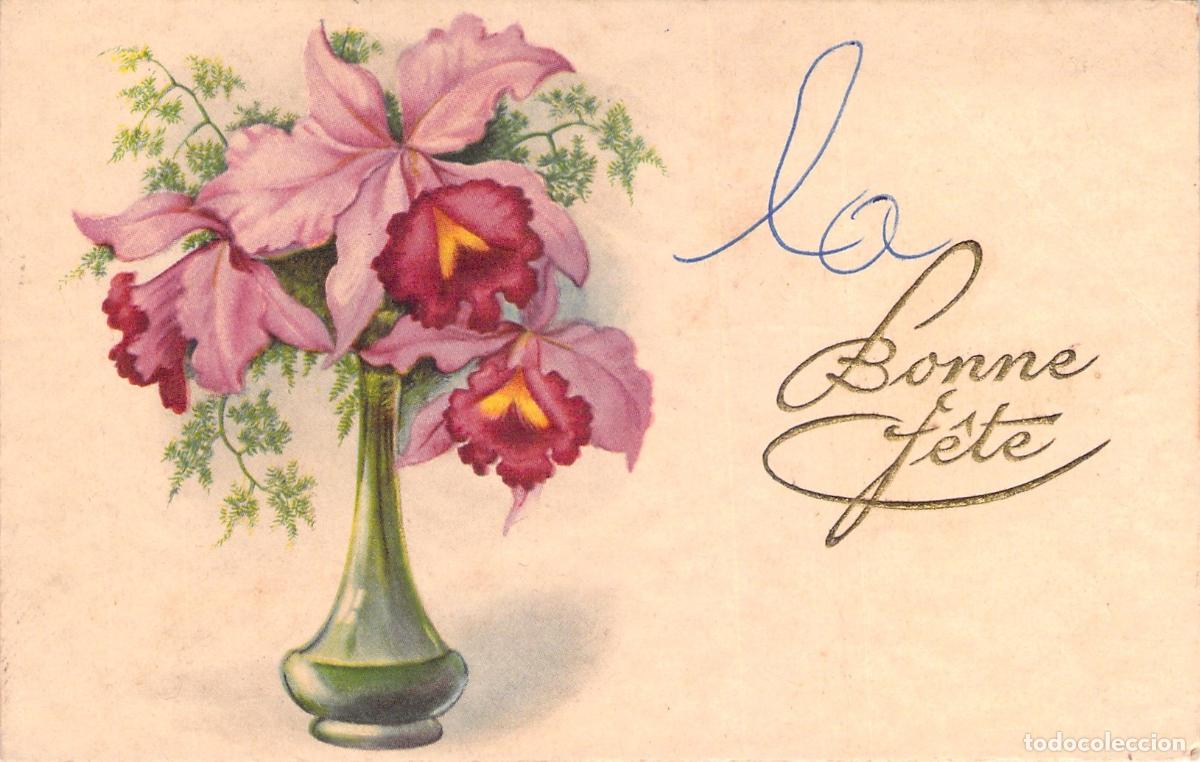 Postkarten: Postal de Felicitaci&oacute;n con Flores en Jarr&oacute;n La Bonne F&ecirc;te