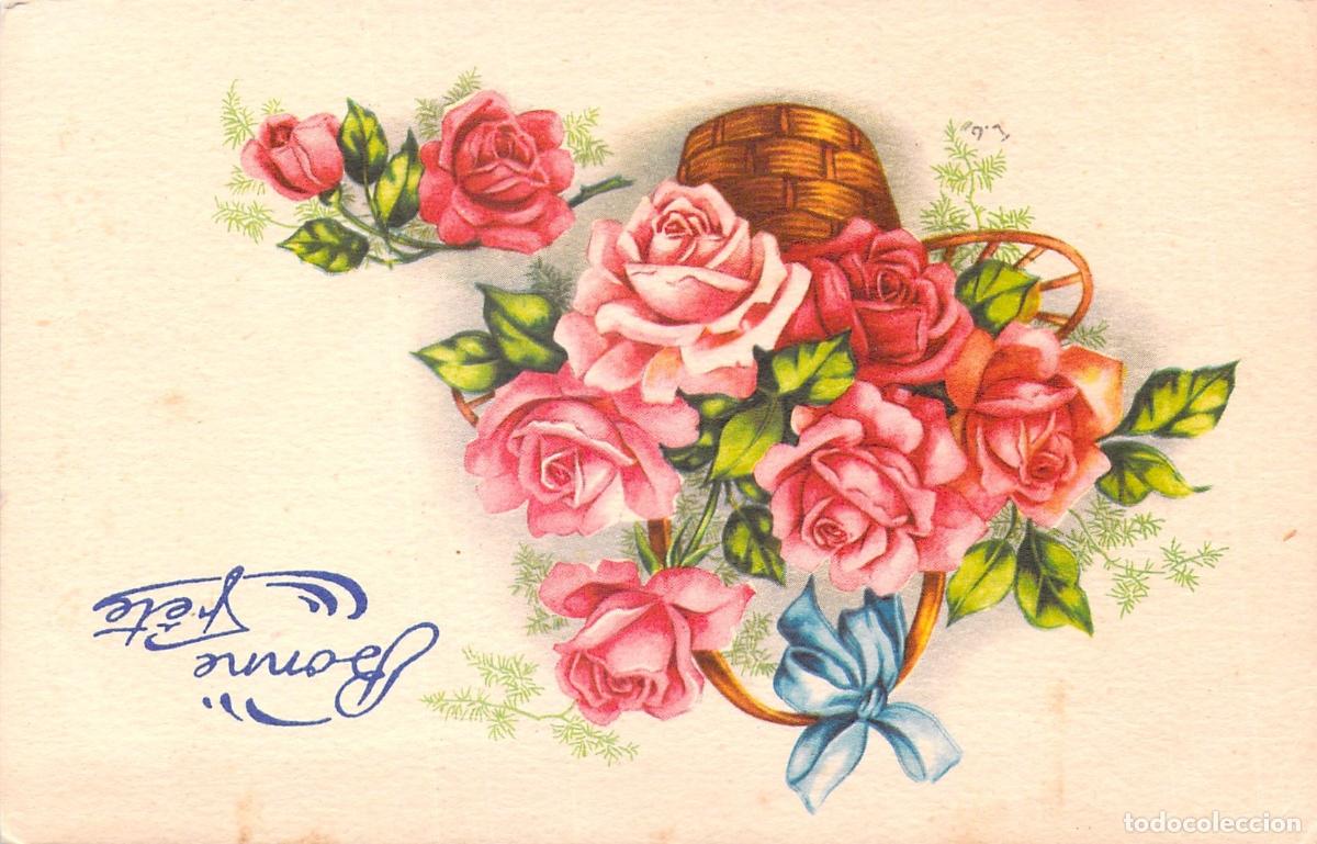 Postkarten: Postal de Felicitaci&oacute;n con Cesta de Rosas Rosadas y Lazo