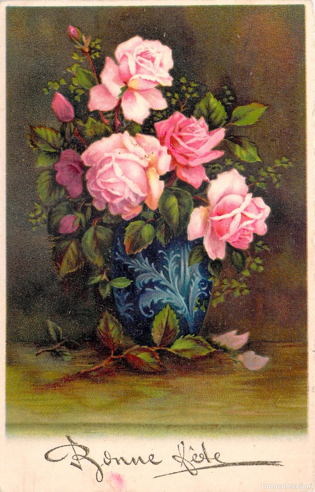 Postkarten: Postal Francesa con Rosas Rosas en Florero Azul y Mensaje Bonne F&ecirc;te