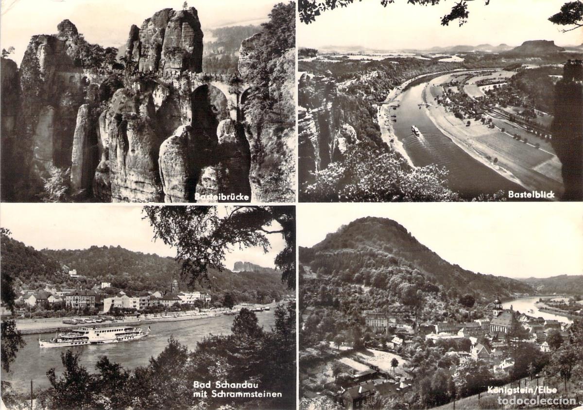 Postkarten: Postal Multivista de la Suiza Sajona con Basteibr&uuml;cke y R&iacute;o Elba