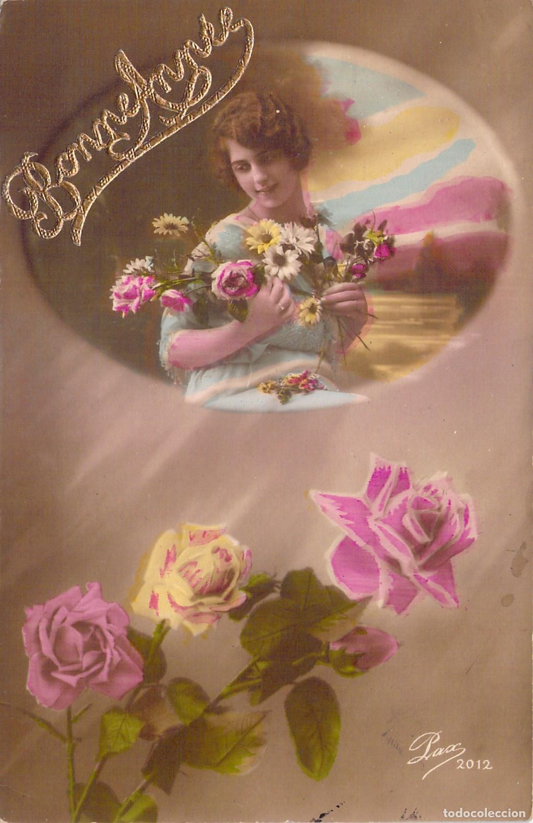 Postales: Postal Francesa de A&ntilde;o Nuevo con Retrato de Mujer y Rosas