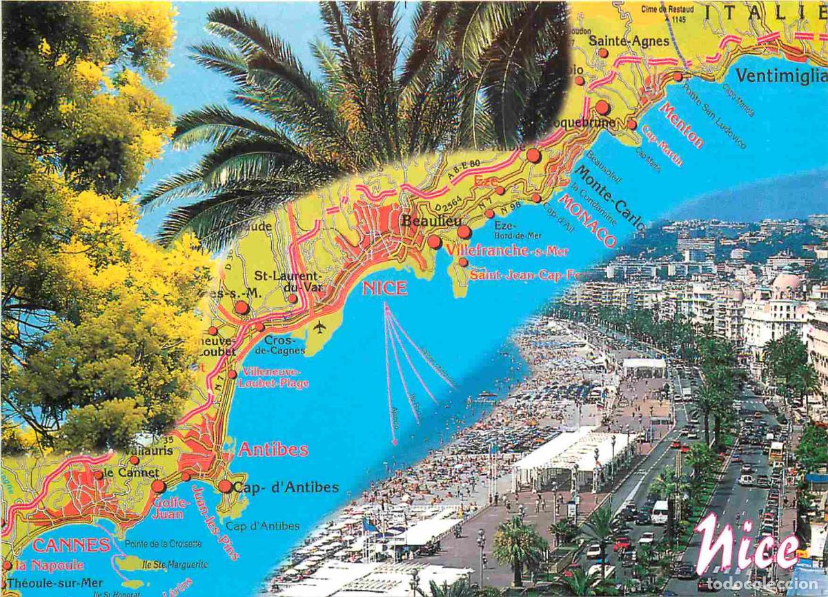 Cartoline: Francia - Carte Postale - 06 - Nice - Plan de la c&ocirc;te d'azur et vue a&eacute;rienne - Multivues - Carte G&eacute;o