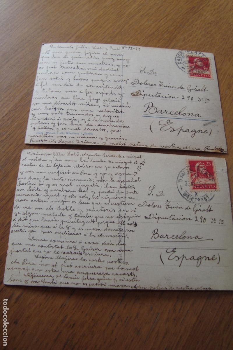 Postales: DOS ANTIGUAS POSTALES SUIZAS ENVIADAS A DOLORES TRIAN DE GIRALS. CALLE DIPUTACION BARCELONA 1923