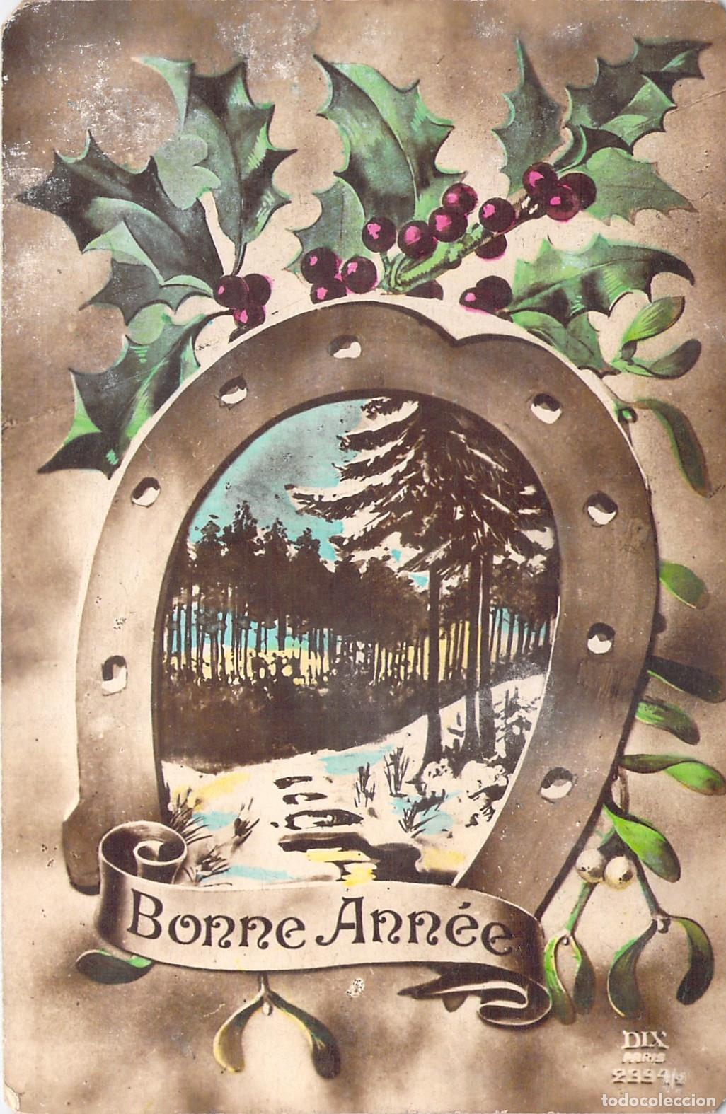 Postales: Postal Francesa de A&ntilde;o Nuevo con Herradura y Acebo Bonne Ann&eacute;e
