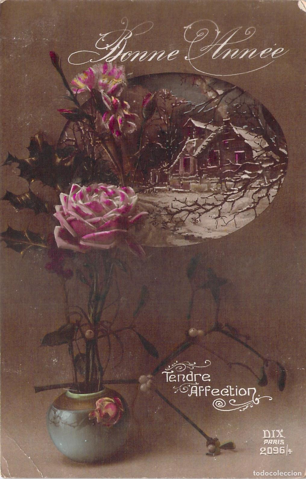 Postales: Postal de A&ntilde;o Nuevo Bonne Ann&eacute;e con Flores y Paisaje Invernal