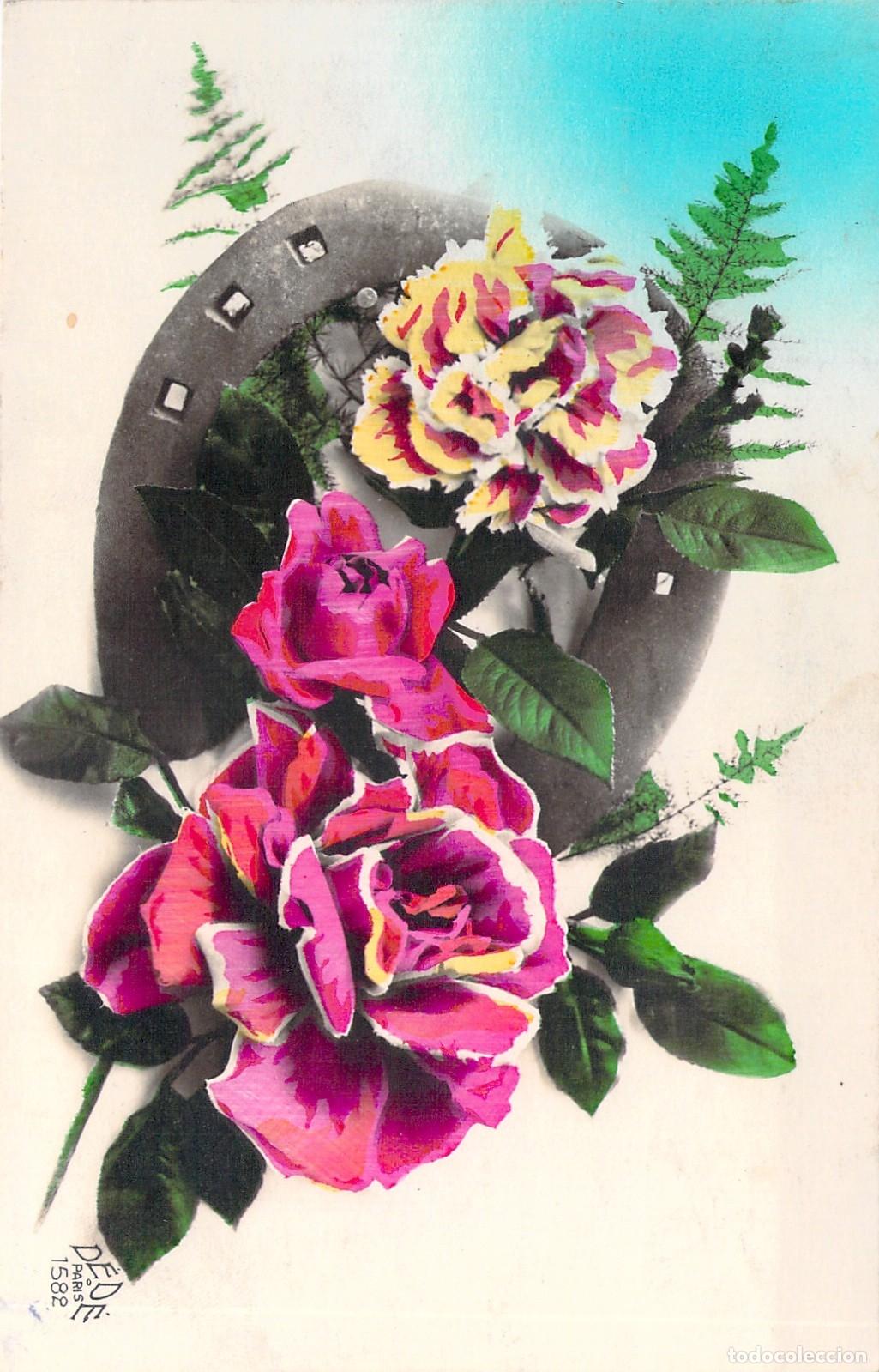 Postales: Postal Francesa con Herradura de la Suerte y Rosas de Colores