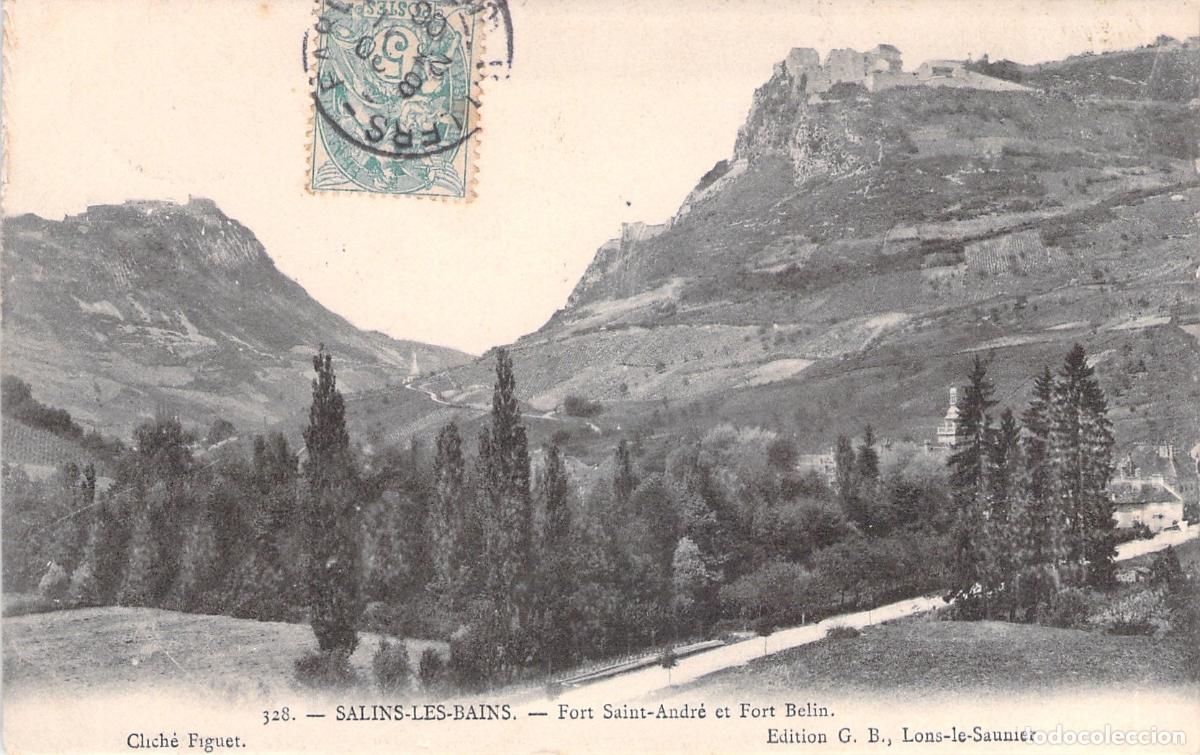 Postales: Postal de Salins-les-Bains con Fort Saint-Andr&eacute; y Fort Belin