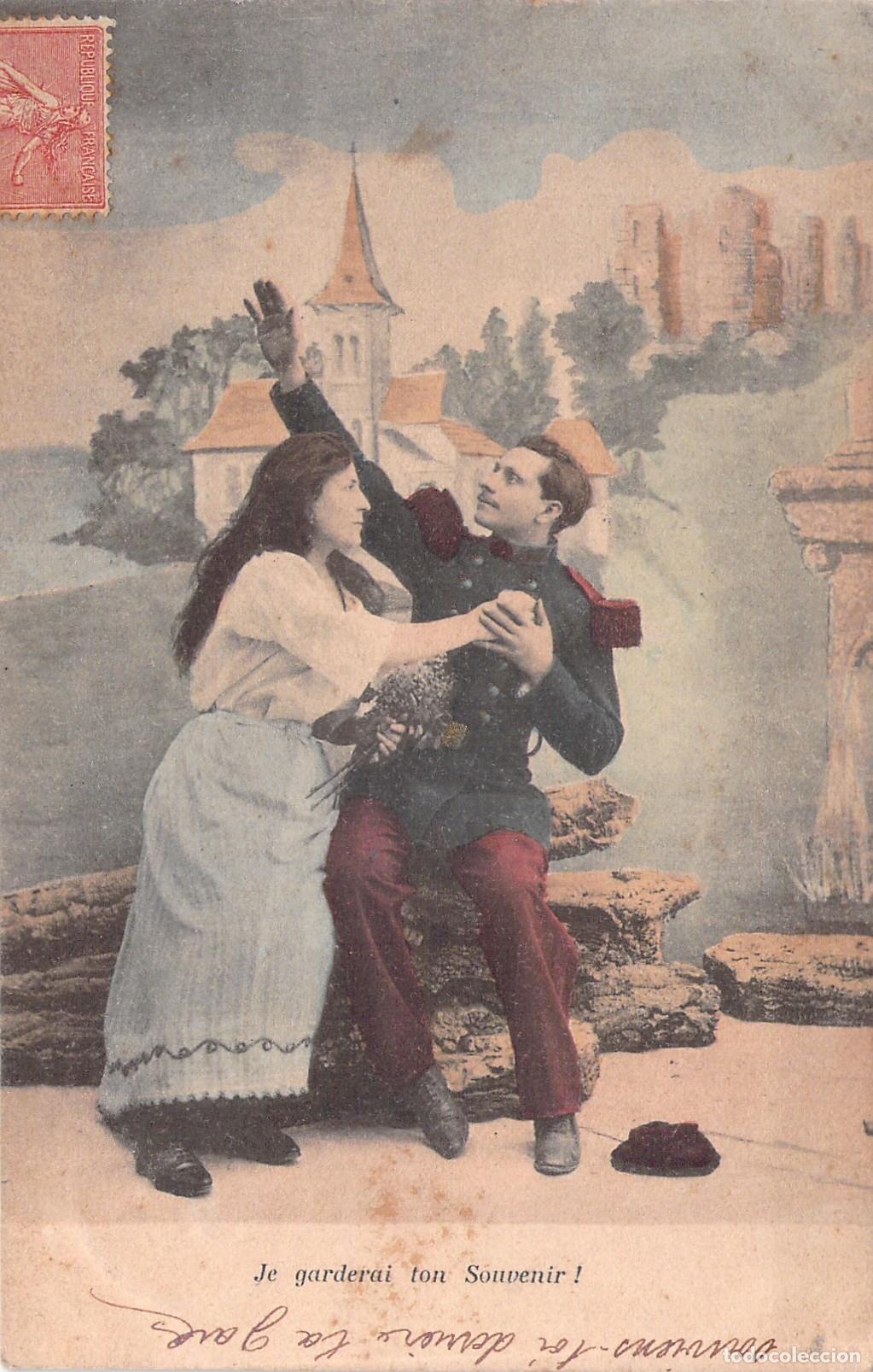 Postales: Postal de Despedida de Soldado Franc&eacute;s y su Amada, Romance de &Eacute;poca