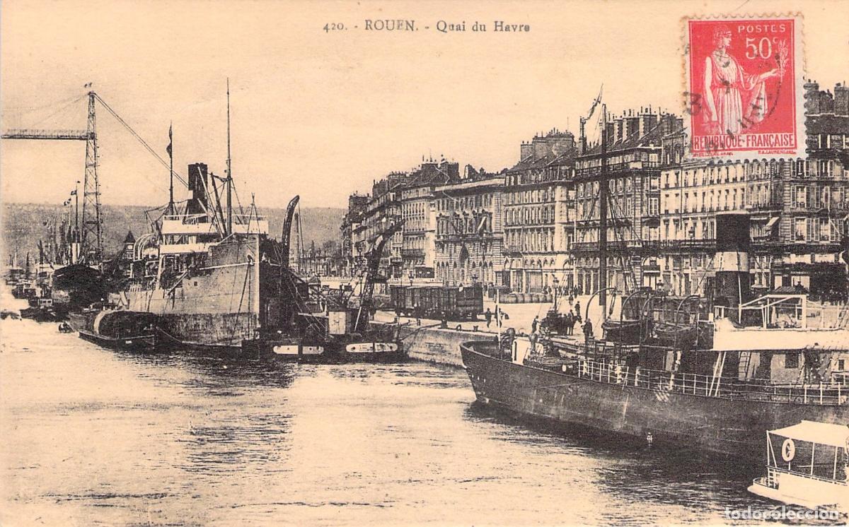 Postales: Postal de Rouen, Quai du Havre con Barcos y Puente Transbordador