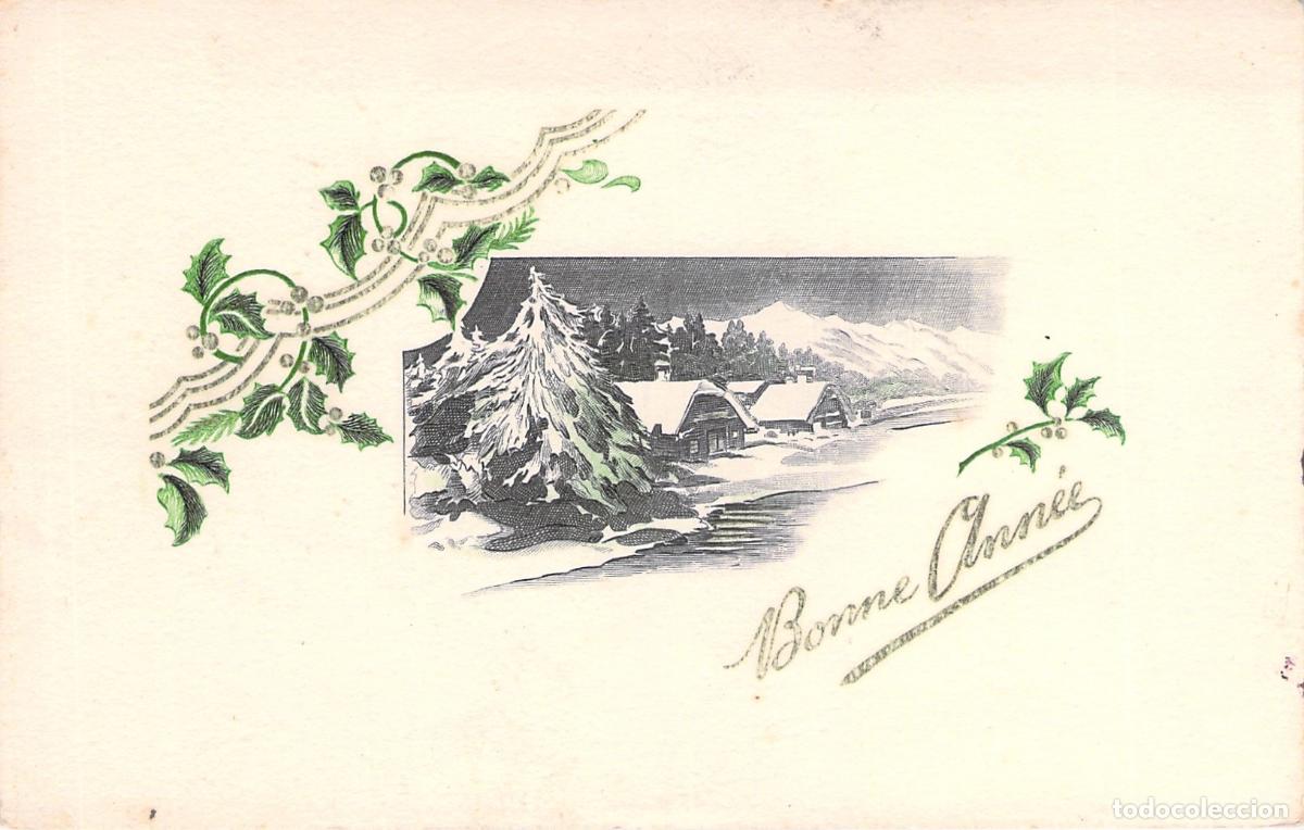 Postales: Postal Francesa de A&ntilde;o Nuevo con Paisaje Invernal y Acebo