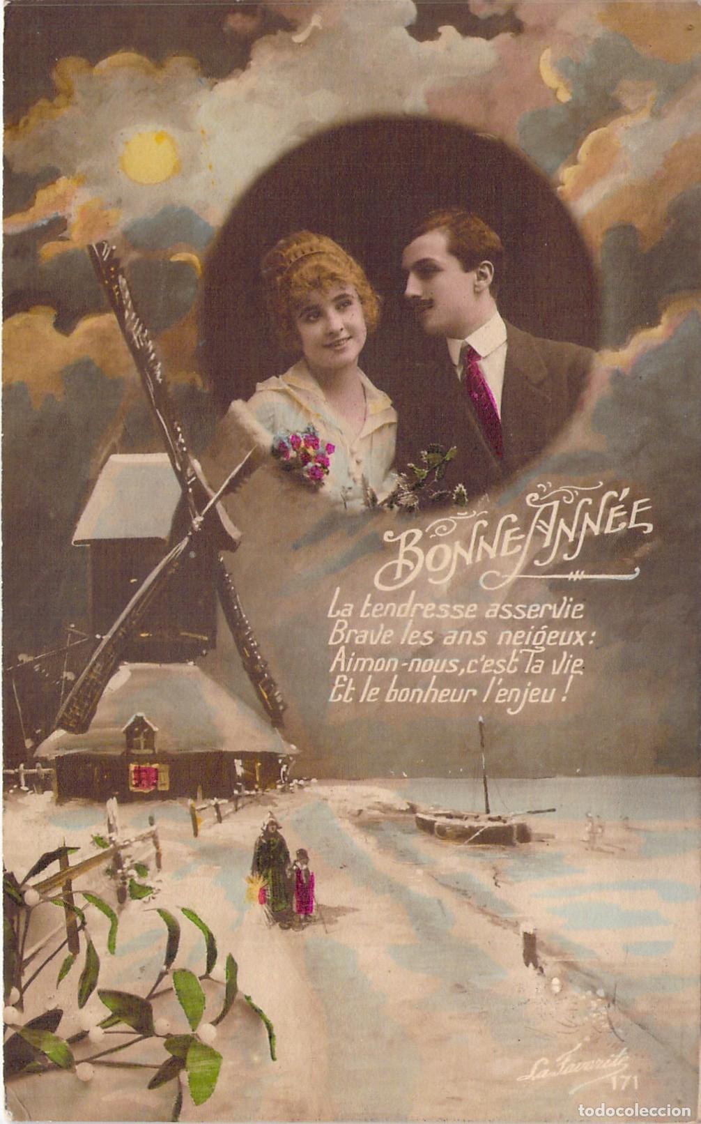 Postales: Postal Francesa de A&ntilde;o Nuevo con Pareja y Molino